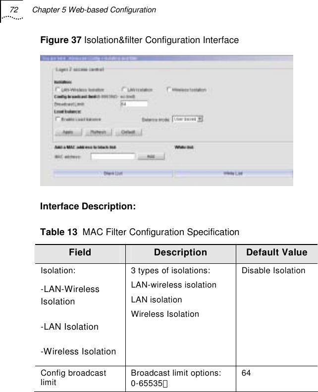 72  Chapter 5 Web-based Configuration   Figure 37 Isolation&amp;filter Configuration Interface  Interface Description: Table 13  MAC Filter Configuration Specification Field  Description  Default Value Isolation: -LAN-Wireless     Isolation -LAN Isolation -Wireless Isolation3 types of isolations: LAN-wireless isolation LAN isolation Wireless Isolation Disable Isolation Config broadcast limit  Broadcast limit options: 0-65535。 64 