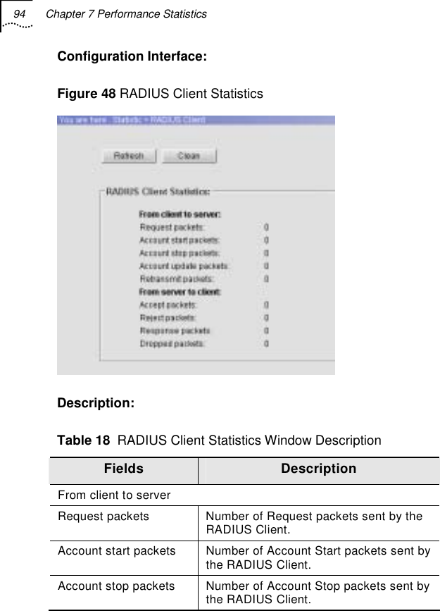 94  Chapter 7 Performance Statistics   Configuration Interface:  Figure 48 RADIUS Client Statistics  Description: Table 18  RADIUS Client Statistics Window Description Fields  Description From client to server Request packets  Number of Request packets sent by the RADIUS Client. Account start packets  Number of Account Start packets sent by the RADIUS Client. Account stop packets  Number of Account Stop packets sent by the RADIUS Client. 