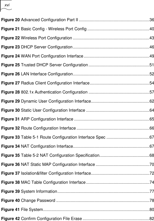 xvi    Figure 20 Advanced Configuration Part II ...........................................................36 Figure 21 Basic Config - Wireless Port Config ....................................................40 Figure 22 Wireless Port Configuration ................................................................43 Figure 23 DHCP Server Configuration................................................................46 Figure 24 WAN Port Configuration Interface.......................................................49 Figure 25 Trusted DHCP Server Configuration...................................................51 Figure 26 LAN Interface Configuration................................................................52 Figure 27 Radius Client Configuration Interface..................................................54 Figure 28 802.1x Authentication Configuration ...................................................57 Figure 29 Dynamic User Configuration Interface.................................................62 Figure 30 Static User Configuration Interface .....................................................64 Figure 31 ARP Configuration Interface ...............................................................65 Figure 32 Route Configuration Interface .............................................................66 Figure 33 Table 5-1 Route Configuration Interface Spec ....................................67 Figure 34 NAT Configuration Interface................................................................67 Figure 35 Table 5-2 NAT Configuration Specification..........................................68 Figure 36 NAT Static MAP Configuration Interface .............................................70 Figure 37 Isolation&amp;filter Configuration Interface.................................................72 Figure 38 MAC Table Configuration Interface.....................................................74 Figure 39 System Information.............................................................................77 Figure 40 Change Password ..............................................................................78 Figure 41 File System.........................................................................................80 Figure 42 Confirm Configuration File Erase ........................................................82 