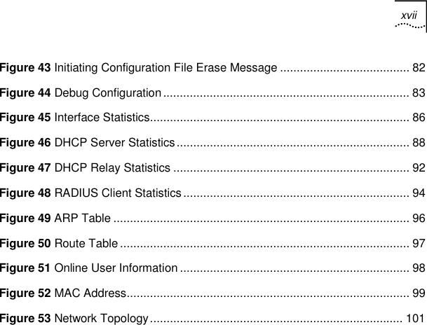 xvii   Figure 43 Initiating Configuration File Erase Message ....................................... 82 Figure 44 Debug Configuration.......................................................................... 83 Figure 45 Interface Statistics.............................................................................. 86 Figure 46 DHCP Server Statistics...................................................................... 88 Figure 47 DHCP Relay Statistics ....................................................................... 92 Figure 48 RADIUS Client Statistics.................................................................... 94 Figure 49 ARP Table ......................................................................................... 96 Figure 50 Route Table....................................................................................... 97 Figure 51 Online User Information ..................................................................... 98 Figure 52 MAC Address..................................................................................... 99 Figure 53 Network Topology............................................................................ 101  