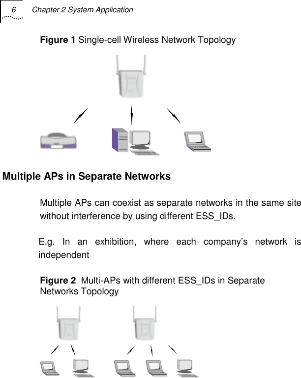 6  Chapter 2 System Application   Figure 1 Single-cell Wireless Network Topology  Multiple APs in Separate Networks  Multiple APs can coexist as separate networks in the same site without interference by using different ESS_IDs. E.g. In an exhibition, where each company’s network is independent Figure 2  Multi-APs with different ESS_IDs in Separate Networks Topology  