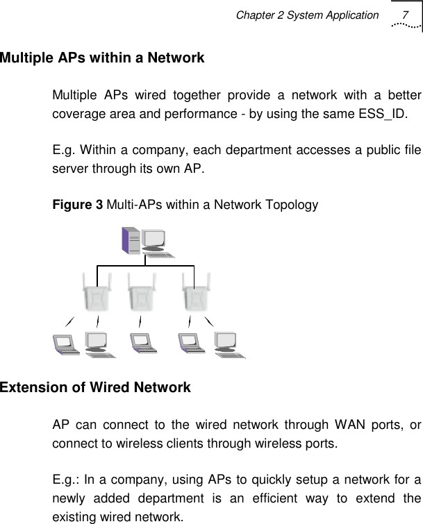 Chapter 2 System Application 7   Multiple APs within a Network Multiple APs wired together provide a network with a better coverage area and performance - by using the same ESS_ID. E.g. Within a company, each department accesses a public file server through its own AP. Figure 3 Multi-APs within a Network Topology  Extension of Wired Network AP can connect to the wired network through WAN ports, or connect to wireless clients through wireless ports. E.g.: In a company, using APs to quickly setup a network for a newly added department is an efficient way to extend the existing wired network. 