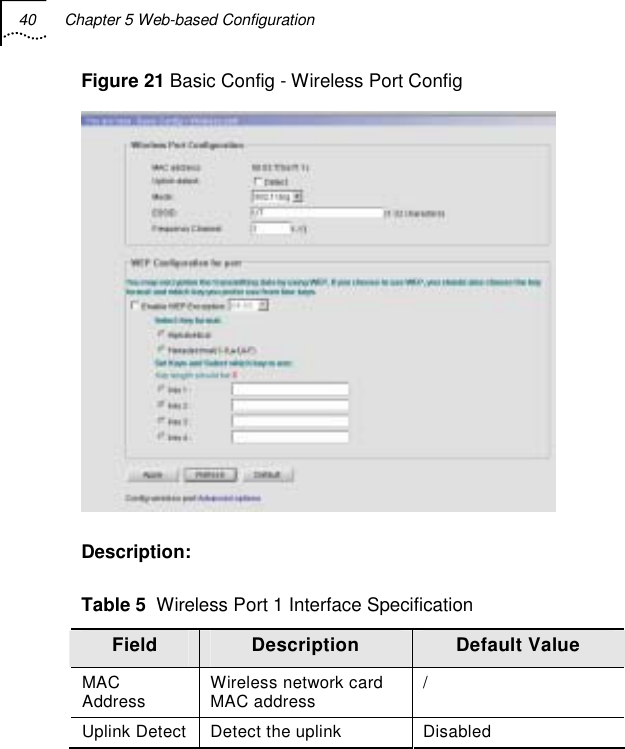 40  Chapter 5 Web-based Configuration   Figure 21 Basic Config - Wireless Port Config  Description: Table 5  Wireless Port 1 Interface Specification Field  Description  Default Value MAC Address  Wireless network card MAC address   / Uplink Detect  Detect the uplink  Disabled 