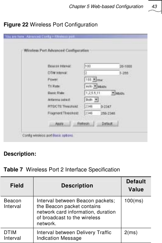 Chapter 5 Web-based Configuration 43   Figure 22 Wireless Port Configuration  Description: Table 7  Wireless Port 2 Interface Specification Field  Description  Default Value Beacon Interval  Interval between Beacon packets; the Beacon packet contains network card information, duration of broadcast to the wireless network. 100(ms) DTIM Interval  Interval between Delivery Traffic Indication Message  2(ms) 