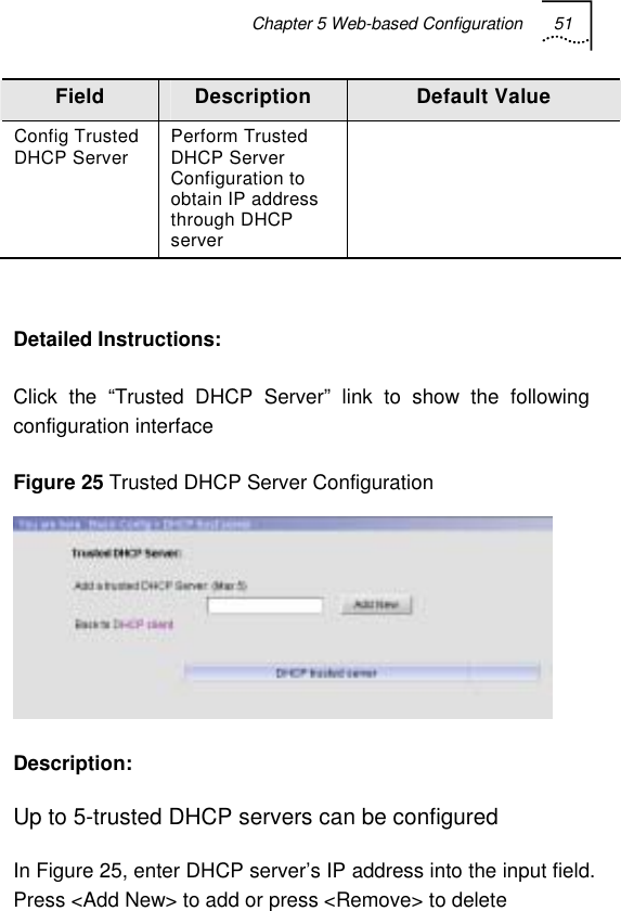 Chapter 5 Web-based Configuration 51   Field  Description  Default Value Config Trusted DHCP Server  Perform Trusted DHCP Server Configuration to obtain IP address through DHCP server   Detailed Instructions: Click the “Trusted DHCP Server” link to show the following configuration interface  Figure 25 Trusted DHCP Server Configuration  Description: Up to 5-trusted DHCP servers can be configured In Figure 25, enter DHCP server’s IP address into the input field. Press &lt;Add New&gt; to add or press &lt;Remove&gt; to delete 