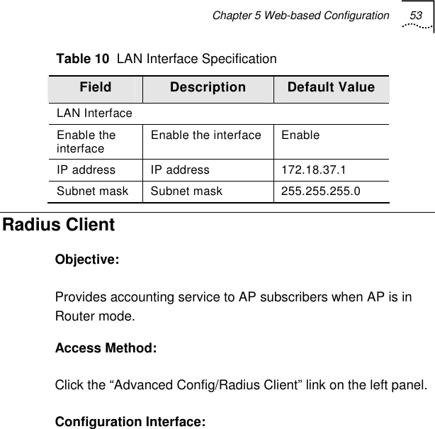 Chapter 5 Web-based Configuration 53   Table 10  LAN Interface Specification Field  Description  Default Value LAN Interface Enable the interface  Enable the interface Enable IP address  IP address  172.18.37.1 Subnet mask  Subnet mask  255.255.255.0 Radius Client Objective: Provides accounting service to AP subscribers when AP is in Router mode. Access Method: Click the “Advanced Config/Radius Client” link on the left panel. Configuration Interface: 