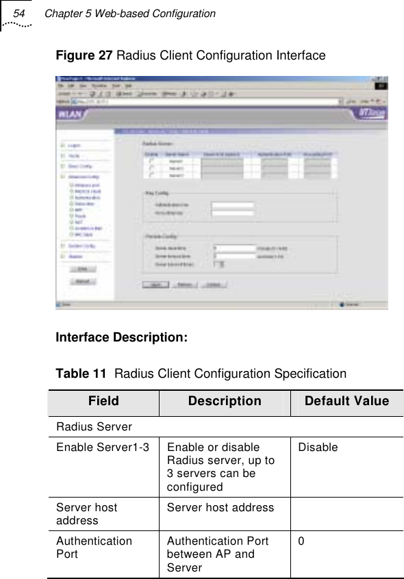 54  Chapter 5 Web-based Configuration   Figure 27 Radius Client Configuration Interface  Interface Description: Table 11  Radius Client Configuration Specification Field  Description  Default Value Radius Server Enable Server1-3 Enable or disable Radius server, up to 3 servers can be configured Disable Server host address  Server host address   Authentication Port  Authentication Port between AP and Server 0 