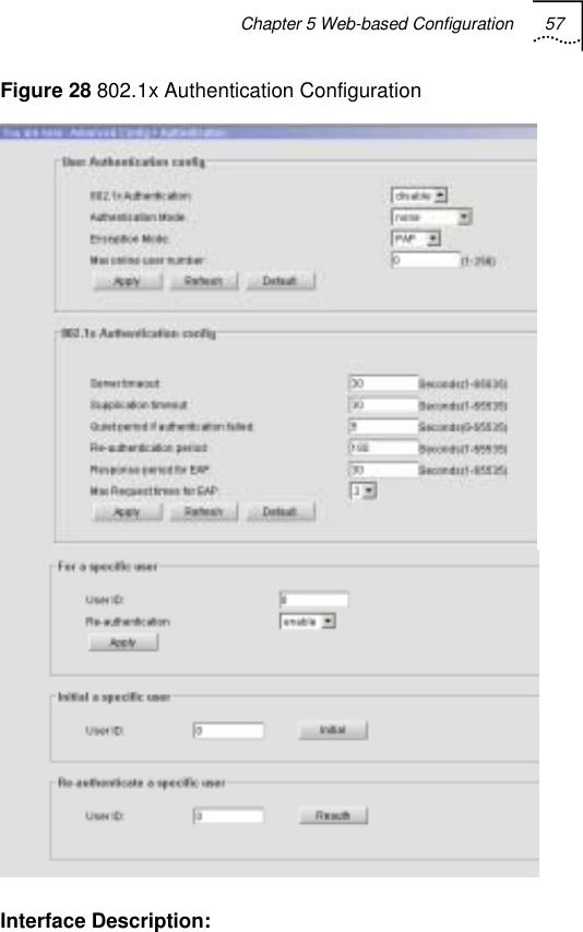 Chapter 5 Web-based Configuration 57   Figure 28 802.1x Authentication Configuration  Interface Description: 