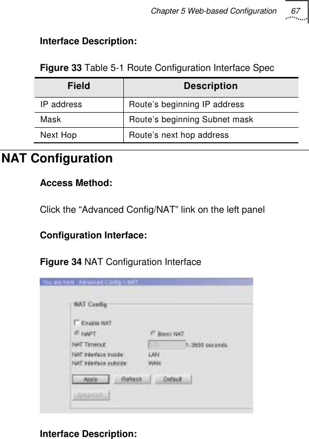 Chapter 5 Web-based Configuration 67   Interface Description: Figure 33 Table 5-1 Route Configuration Interface Spec Field  Description IP address  Route’s beginning IP address  Mask   Route’s beginning Subnet mask Next Hop  Route’s next hop address  NAT Configuration Access Method: Click the “Advanced Config/NAT” link on the left panel Configuration Interface: Figure 34 NAT Configuration Interface  Interface Description: 