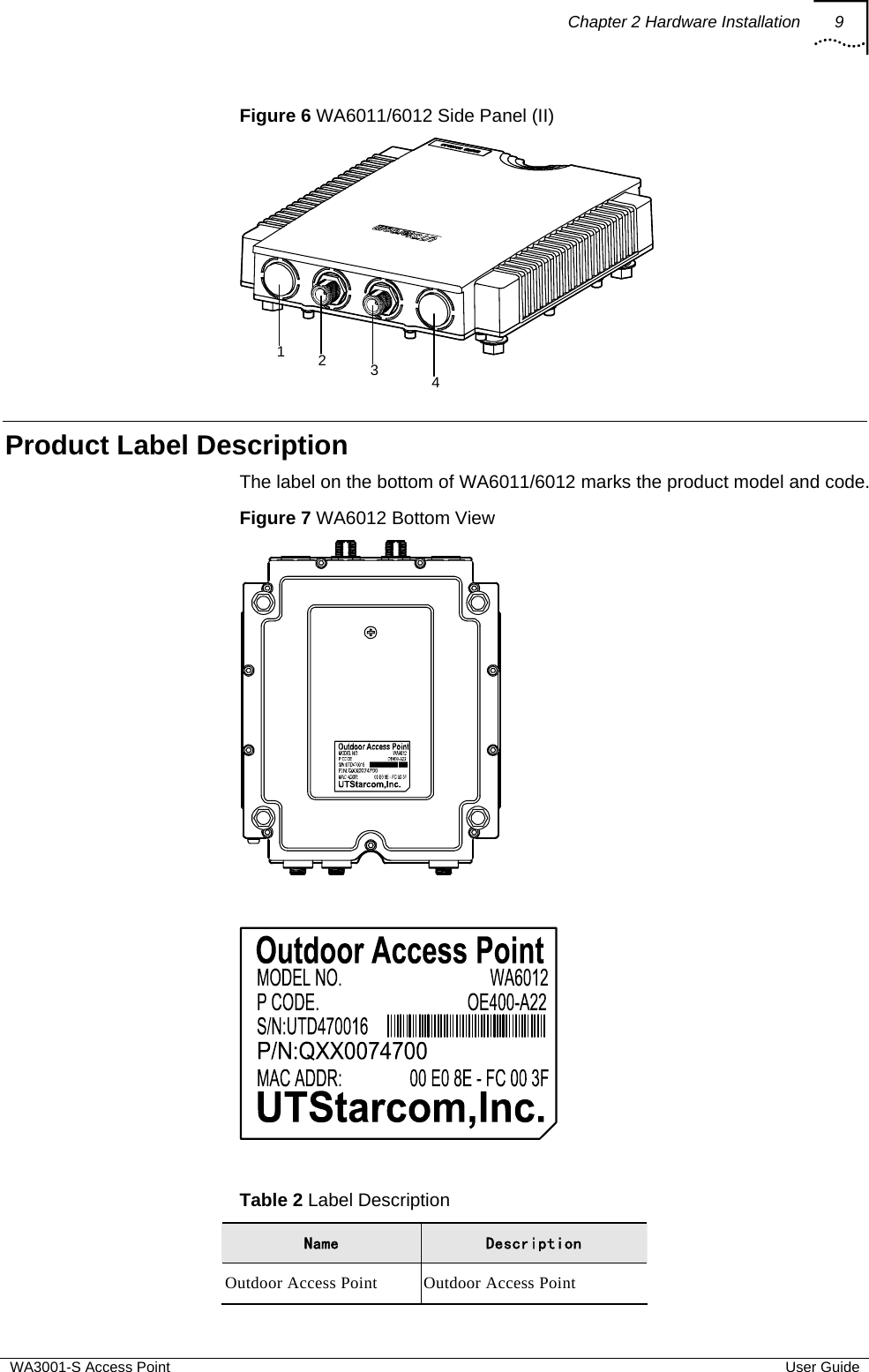 Chapter 2 Hardware Installation 9  WA3001-S Access Point  User Guide Figure 6 WA6011/6012 Side Panel (II) 1234 Product Label Description The label on the bottom of WA6011/6012 marks the product model and code. Figure 7 WA6012 Bottom View     Table 2 Label Description Name  Description Outdoor Access Point  Outdoor Access Point 