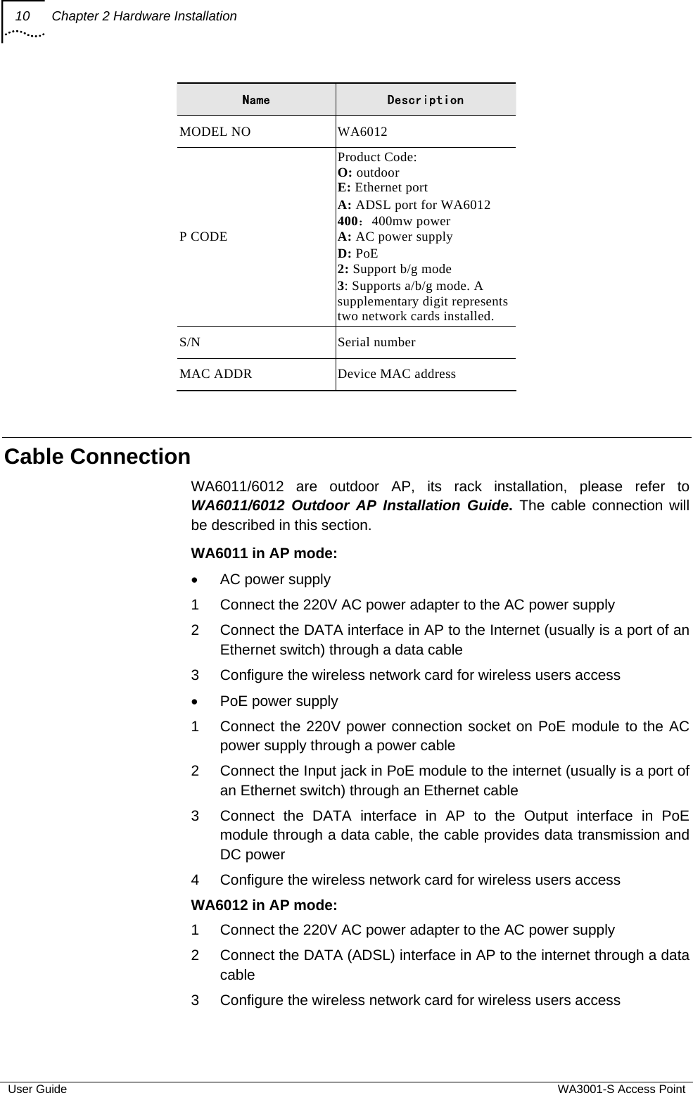 10  Chapter 2 Hardware Installation  User Guide  WA3001-S Access Point Name  Description MODEL NO  WA6012 P CODE Product Code: O: outdoor E: Ethernet port A: ADSL port for WA6012 400：400mw power A: AC power supply  D: PoE 2: Support b/g mode 3: Supports a/b/g mode. A supplementary digit represents two network cards installed. S/N Serial number MAC ADDR  Device MAC address  Cable Connection WA6011/6012 are outdoor AP, its rack installation, please refer to WA6011/6012 Outdoor AP Installation Guide. The cable connection will be described in this section. WA6011 in AP mode: • AC power supply 1  Connect the 220V AC power adapter to the AC power supply 2  Connect the DATA interface in AP to the Internet (usually is a port of an Ethernet switch) through a data cable 3  Configure the wireless network card for wireless users access •  PoE power supply 1  Connect the 220V power connection socket on PoE module to the AC power supply through a power cable 2  Connect the Input jack in PoE module to the internet (usually is a port of an Ethernet switch) through an Ethernet cable 3  Connect the DATA interface in AP to the Output interface in PoE module through a data cable, the cable provides data transmission and DC power 4  Configure the wireless network card for wireless users access WA6012 in AP mode: 1  Connect the 220V AC power adapter to the AC power supply 2  Connect the DATA (ADSL) interface in AP to the internet through a data cable 3  Configure the wireless network card for wireless users access  