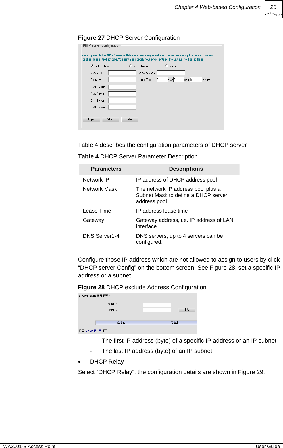 Chapter 4 Web-based Configuration 25  WA3001-S Access Point  User Guide Figure 27 DHCP Server Configuration   Table 4 describes the configuration parameters of DHCP server Table 4 DHCP Server Parameter Description Parameters  Descriptions Network IP  IP address of DHCP address pool Network Mask  The network IP address pool plus a Subnet Mask to define a DHCP server address pool.  Lease Time  IP address lease time Gateway  Gateway address, i.e. IP address of LAN interface. DNS Server1-4  DNS servers, up to 4 servers can be configured.  Configure those IP address which are not allowed to assign to users by click “DHCP server Config” on the bottom screen. See Figure 28, set a specific IP address or a subnet. Figure 28 DHCP exclude Address Configuration  -  The first IP address (byte) of a specific IP address or an IP subnet -  The last IP address (byte) of an IP subnet • DHCP Relay Select “DHCP Relay”, the configuration details are shown in Figure 29. 