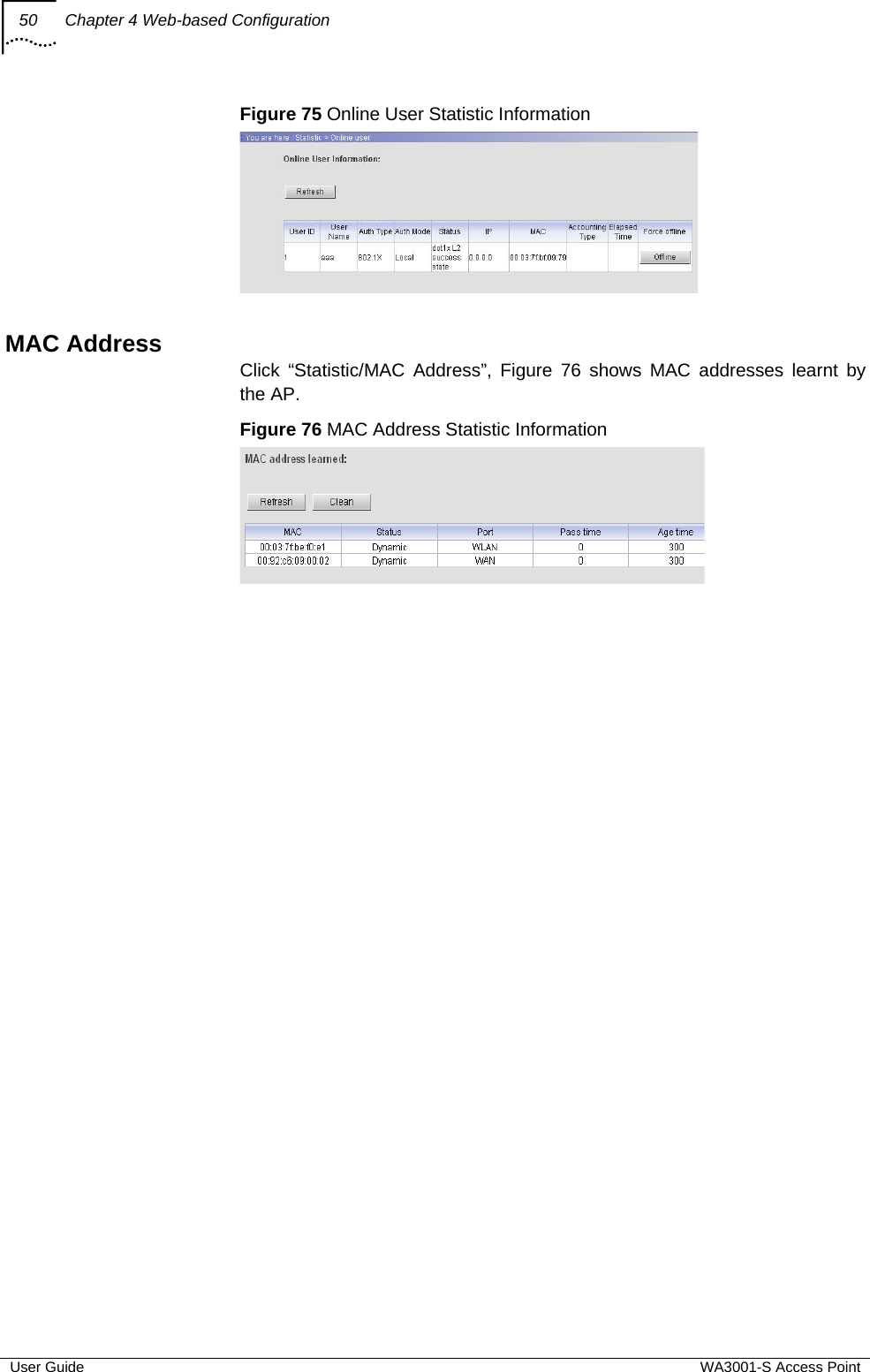 50  Chapter 4 Web-based Configuration  User Guide  WA3001-S Access Point Figure 75 Online User Statistic Information   MAC Address Click “Statistic/MAC Address”, Figure 76 shows MAC addresses learnt by the AP. Figure 76 MAC Address Statistic Information     