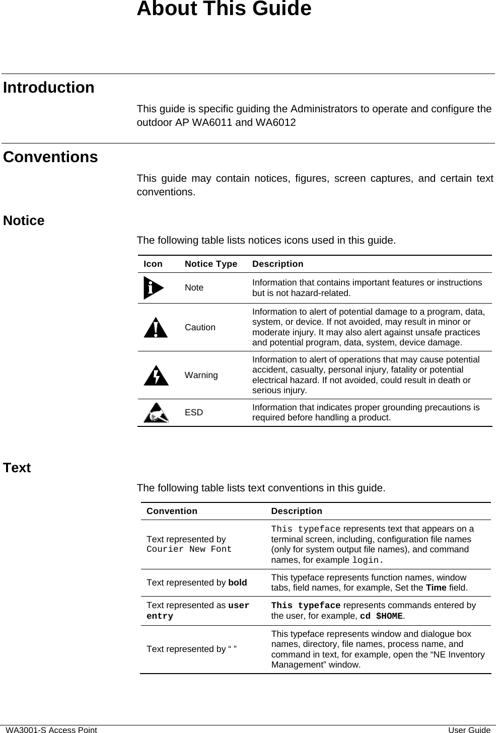  WA3001-S Access Point  User Guide About This Guide  Introduction This guide is specific guiding the Administrators to operate and configure the outdoor AP WA6011 and WA6012 Conventions  This guide may contain notices, figures, screen captures, and certain text conventions. Notice The following table lists notices icons used in this guide. Icon Notice Type Description  Note  Information that contains important features or instructions but is not hazard-related.  Caution Information to alert of potential damage to a program, data, system, or device. If not avoided, may result in minor or moderate injury. It may also alert against unsafe practices and potential program, data, system, device damage.  Warning Information to alert of operations that may cause potential accident, casualty, personal injury, fatality or potential electrical hazard. If not avoided, could result in death or serious injury.  ESD  Information that indicates proper grounding precautions is required before handling a product.  Text  The following table lists text conventions in this guide. Convention Description Text represented by Courier New Font This typeface represents text that appears on a terminal screen, including, configuration file names (only for system output file names), and command names, for example login.  Text represented by bold This typeface represents function names, window tabs, field names, for example, Set the Time field. Text represented as user entry This typeface represents commands entered by the user, for example, cd $HOME. Text represented by “ ” This typeface represents window and dialogue box names, directory, file names, process name, and command in text, for example, open the “NE Inventory Management” window. 