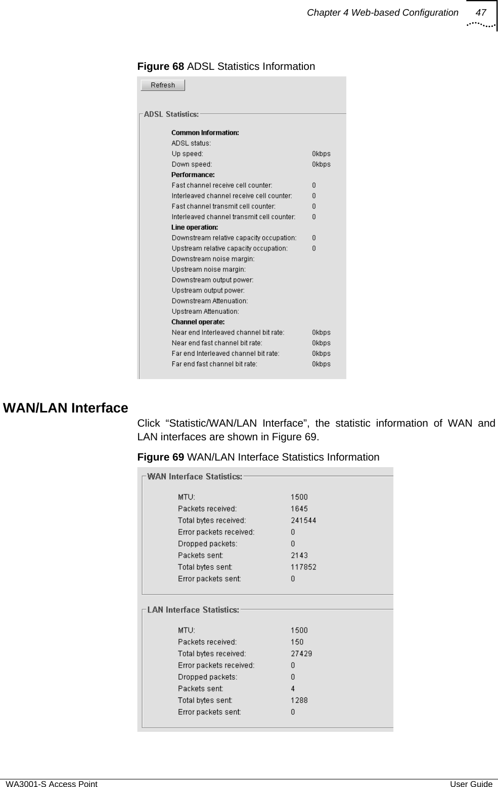 Chapter 4 Web-based Configuration 47  WA3001-S Access Point  User Guide Figure 68 ADSL Statistics Information   WAN/LAN Interface Click “Statistic/WAN/LAN Interface”, the statistic information of WAN and LAN interfaces are shown in Figure 69. Figure 69 WAN/LAN Interface Statistics Information  