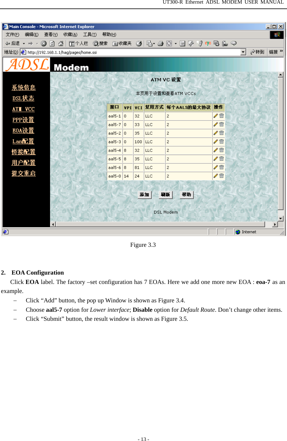 UT300-R Ethernet ADSL MODEM USER MANUAL  - 13 -  Figure 3.3   2. EOA Configuration Click EOA label. The factory –set configuration has 7 EOAs. Here we add one more new EOA : eoa-7 as an example. −  Click “Add” button, the pop up Window is shown as Figure 3.4. −  Choose aal5-7 option for Lower interface; Disable option for Default Route. Don’t change other items. −  Click “Submit” button, the result window is shown as Figure 3.5. 