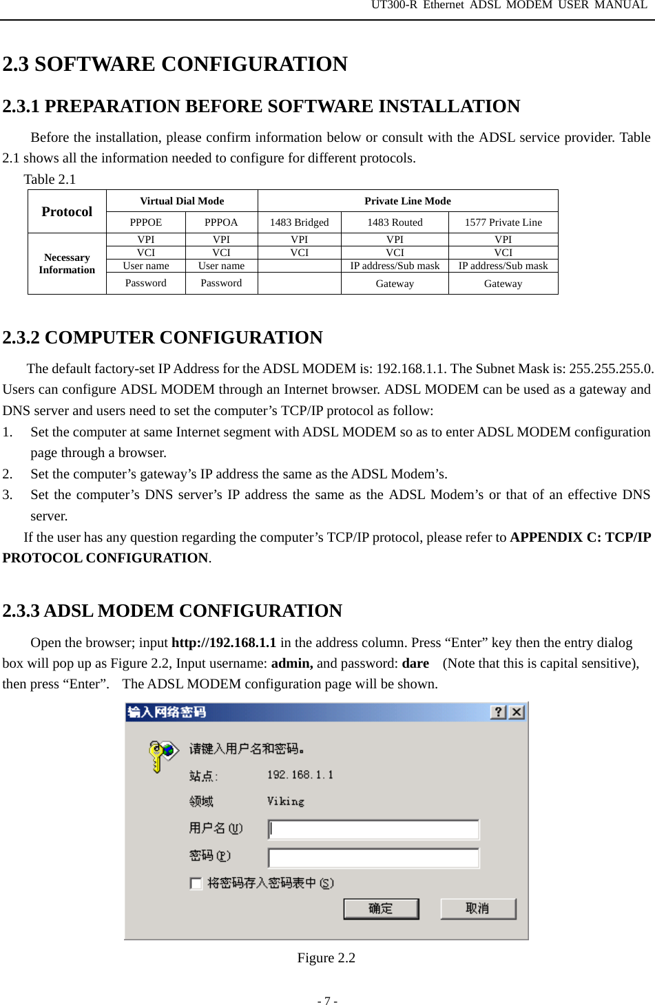 UT300-R Ethernet ADSL MODEM USER MANUAL  - 7 - 2.3 SOFTWARE CONFIGURATION   2.3.1 PREPARATION BEFORE SOFTWARE INSTALLATION   Before the installation, please confirm information below or consult with the ADSL service provider. Table 2.1 shows all the information needed to configure for different protocols. Table 2.1 Virtual Dial Mode Private Line Mode Protocol  PPPOE  PPPOA  1483 Bridged  1483 Routed  1577 Private Line VPI VPI  VPI  VPI  VPI VCI VCI VCI  VCI  VCI User name  User name    IP address/Sub mask  IP address/Sub mask Necessary Information Password Password   Gateway Gateway  2.3.2 COMPUTER CONFIGURATION The default factory-set IP Address for the ADSL MODEM is: 192.168.1.1. The Subnet Mask is: 255.255.255.0. Users can configure ADSL MODEM through an Internet browser. ADSL MODEM can be used as a gateway and DNS server and users need to set the computer’s TCP/IP protocol as follow:     1.  Set the computer at same Internet segment with ADSL MODEM so as to enter ADSL MODEM configuration page through a browser.   2.  Set the computer’s gateway’s IP address the same as the ADSL Modem’s.   3.  Set the computer’s DNS server’s IP address the same as the ADSL Modem’s or that of an effective DNS server. If the user has any question regarding the computer’s TCP/IP protocol, please refer to APPENDIX C: TCP/IP PROTOCOL CONFIGURATION.  2.3.3 ADSL MODEM CONFIGURATION Open the browser; input http://192.168.1.1 in the address column. Press “Enter” key then the entry dialog box will pop up as Figure 2.2, Input username: admin, and password: dare  (Note that this is capital sensitive), then press “Enter”.    The ADSL MODEM configuration page will be shown.  Figure 2.2  