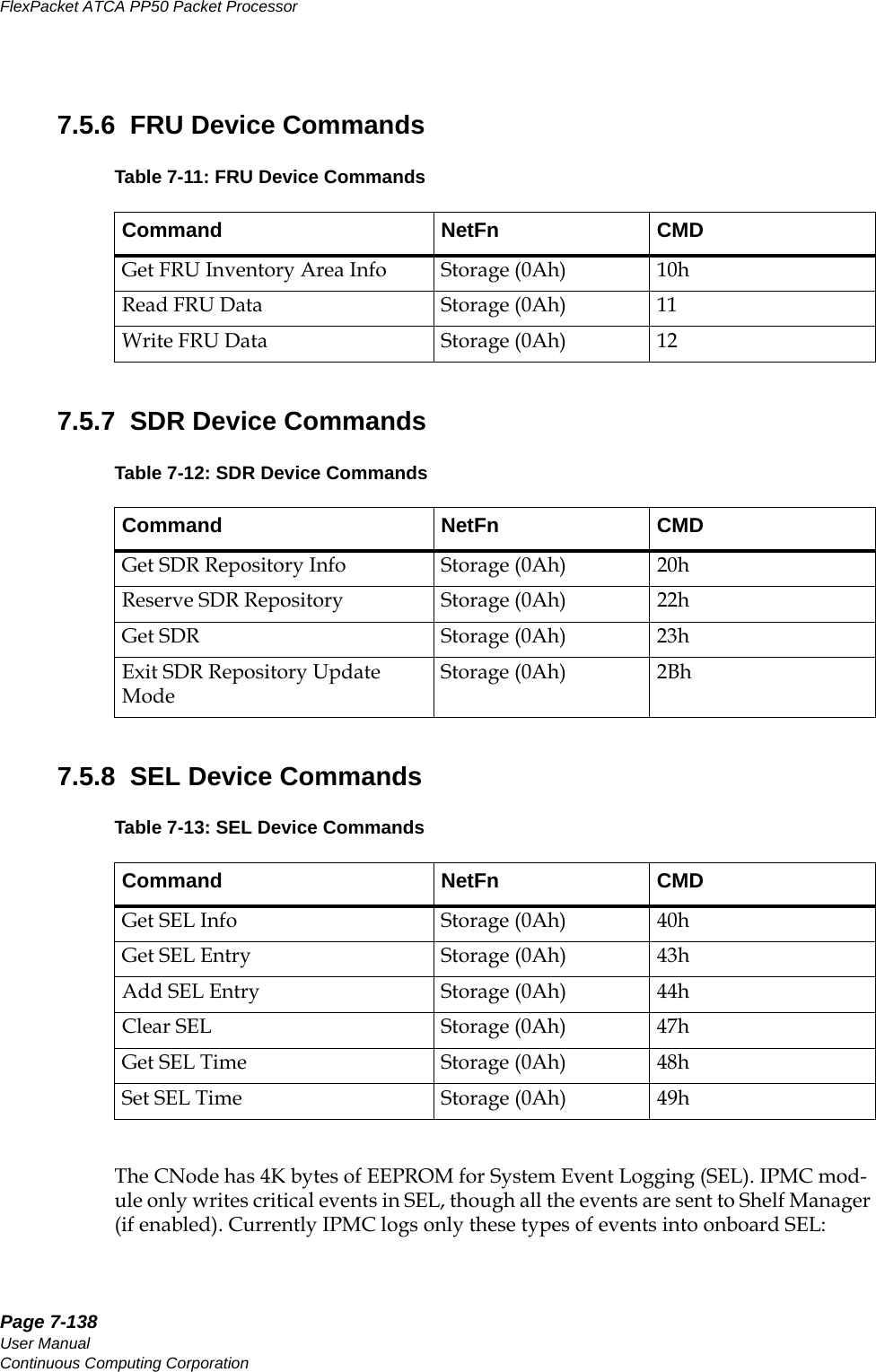 Page 7-138User ManualContinuous Computing CorporationFlexPacket ATCA PP50 Packet Processor     Preliminary7.5.6  FRU Device Commands7.5.7  SDR Device Commands7.5.8  SEL Device CommandsThe CNode has 4K bytes of EEPROM for System Event Logging (SEL). IPMC mod-ule only writes critical events in SEL, though all the events are sent to Shelf Manager (if enabled). Currently IPMC logs only these types of events into onboard SEL:Table 7-11: FRU Device CommandsCommand NetFn CMDGet FRU Inventory Area Info Storage (0Ah) 10hRead FRU Data Storage (0Ah) 11Write FRU Data Storage (0Ah) 12Table 7-12: SDR Device CommandsCommand NetFn CMDGet SDR Repository Info Storage (0Ah) 20hReserve SDR Repository Storage (0Ah) 22hGet SDR Storage (0Ah) 23hExit SDR Repository Update ModeStorage (0Ah) 2BhTable 7-13: SEL Device CommandsCommand NetFn CMDGet SEL Info Storage (0Ah) 40hGet SEL Entry Storage (0Ah) 43hAdd SEL Entry Storage (0Ah) 44hClear SEL Storage (0Ah) 47hGet SEL Time Storage (0Ah) 48hSet SEL Time Storage (0Ah) 49h