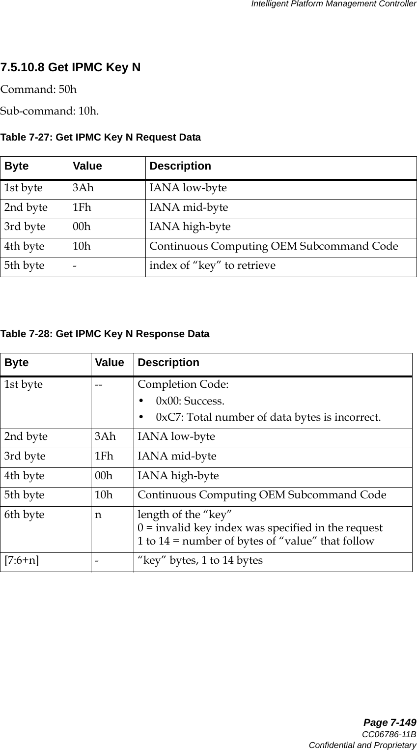   Page 7-149CC06786-11BConfidential and ProprietaryIntelligent Platform Management Controller14ABABPreliminary7.5.10.8 Get IPMC Key NCommand: 50hSub-command: 10h.Table 7-27: Get IPMC Key N Request DataByte Value Description1st byte 3Ah IANA low-byte2nd byte 1Fh IANA mid-byte3rd byte 00h IANA high-byte4th byte 10h Continuous Computing OEM Subcommand Code5th byte - index of “key” to retrieveTable 7-28: Get IPMC Key N Response DataByte Value Description1st byte -- Completion Code:• 0x00: Success.• 0xC7: Total number of data bytes is incorrect.2nd byte 3Ah IANA low-byte3rd byte 1Fh IANA mid-byte4th byte 00h IANA high-byte5th byte 10h Continuous Computing OEM Subcommand Code6th byte n length of the “key”0 = invalid key index was specified in the request1 to 14 = number of bytes of “value” that follow[7:6+n] - “key” bytes, 1 to 14 bytes
