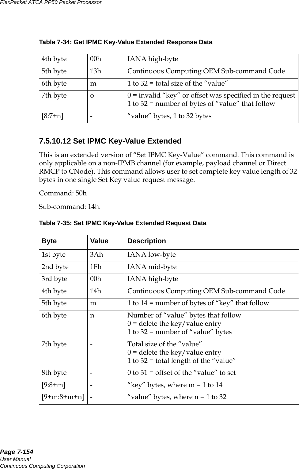 Page 7-154User ManualContinuous Computing CorporationFlexPacket ATCA PP50 Packet Processor     Preliminary7.5.10.12 Set IPMC Key-Value ExtendedThis is an extended version of “Set IPMC Key-Value” command. This command is only applicable on a non-IPMB channel (for example, payload channel or Direct RMCP to CNode). This command allows user to set complete key value length of 32 bytes in one single Set Key value request message.Command: 50hSub-command: 14h.4th byte 00h IANA high-byte5th byte 13h Continuous Computing OEM Sub-command Code6th byte m 1 to 32 = total size of the “value”7th byte o 0 = invalid “key” or offset was specified in the request1 to 32 = number of bytes of “value” that follow[8:7+n] - “value” bytes, 1 to 32 bytesTable 7-35: Set IPMC Key-Value Extended Request DataByte Value Description1st byte 3Ah IANA low-byte2nd byte 1Fh IANA mid-byte3rd byte 00h IANA high-byte4th byte 14h Continuous Computing OEM Sub-command Code5th byte m 1 to 14 = number of bytes of “key” that follow6th byte n Number of “value” bytes that follow0 = delete the key/value entry1 to 32 = number of “value” bytes7th byte - Total size of the “value”0 = delete the key/value entry1 to 32 = total length of the “value”8th byte - 0 to 31 = offset of the “value” to set[9:8+m] - “key” bytes, where m = 1 to 14[9+m:8+m+n] - “value” bytes, where n = 1 to 32Table 7-34: Get IPMC Key-Value Extended Response Data