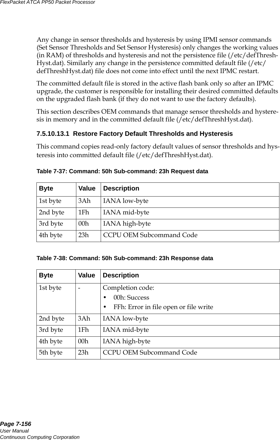 Page 7-156User ManualContinuous Computing CorporationFlexPacket ATCA PP50 Packet Processor     PreliminaryAny change in sensor thresholds and hysteresis by using IPMI sensor commands (Set Sensor Thresholds and Set Sensor Hysteresis) only changes the working values (in RAM) of thresholds and hysteresis and not the persistence file (/etc/defThresh-Hyst.dat). Similarly any change in the persistence committed default file (/etc/defThreshHyst.dat) file does not come into effect until the next IPMC restart. The committed default file is stored in the active flash bank only so after an IPMC upgrade, the customer is responsible for installing their desired committed defaults on the upgraded flash bank (if they do not want to use the factory defaults). This section describes OEM commands that manage sensor thresholds and hystere-sis in memory and in the committed default file (/etc/defThreshHyst.dat).7.5.10.13.1  Restore Factory Default Thresholds and HysteresisThis command copies read-only factory default values of sensor thresholds and hys-teresis into committed default file (/etc/defThreshHyst.dat).Table 7-37: Command: 50h Sub-command: 23h Request data　Byte Value Description1st byte 3Ah  IANA low-byte 2nd byte 1Fh  IANA mid-byte 3rd byte 00h  IANA high-byte 4th byte 23h  CCPU OEM Subcommand Code Table 7-38: Command: 50h Sub-command: 23h Response dataByte Value Description1st byte -  Completion code:•00h: Success• FFh: Error in file open or file write2nd byte 3Ah  IANA low-byte 3rd byte 1Fh  IANA mid-byte 4th byte 00h  IANA high-byte 5th byte 23h  CCPU OEM Subcommand Code 
