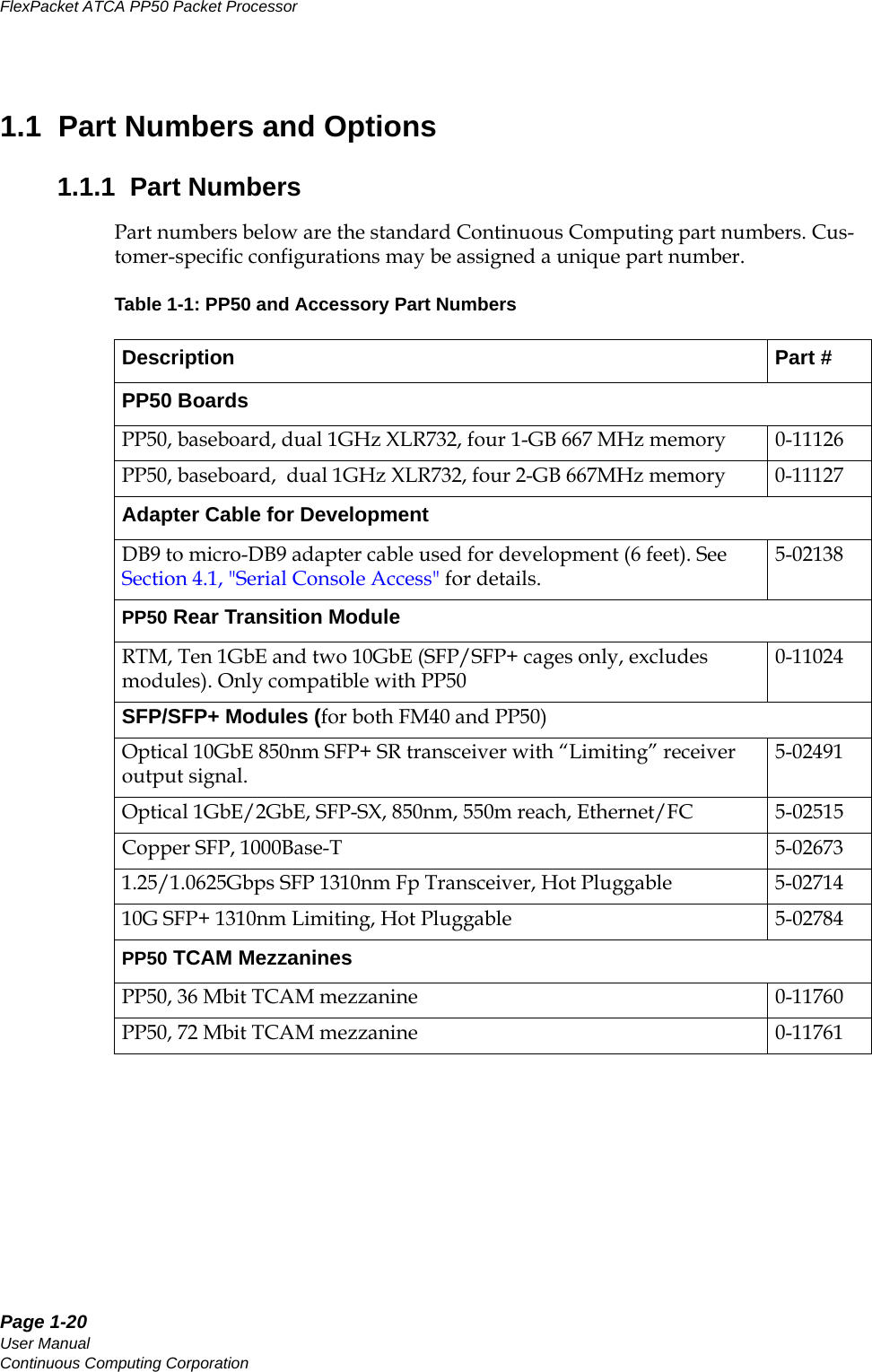 Page 1-20User ManualContinuous Computing CorporationFlexPacket ATCA PP50 Packet Processor     Preliminary1.1  Part Numbers and Options1.1.1  Part NumbersPart numbers below are the standard Continuous Computing part numbers. Cus-tomer-specific configurations may be assigned a unique part number. Table 1-1: PP50 and Accessory Part NumbersDescription Part #PP50 BoardsPP50, baseboard, dual 1GHz XLR732, four 1-GB 667 MHz memory 0-11126PP50, baseboard,  dual 1GHz XLR732, four 2-GB 667MHz memory 0-11127Adapter Cable for DevelopmentDB9 to micro-DB9 adapter cable used for development (6 feet). See Section4.1, &quot;Serial Console Access&quot; for details.5-02138PP50 Rear Transition ModuleRTM, Ten 1GbE and two 10GbE (SFP/SFP+ cages only, excludes modules). Only compatible with PP500-11024SFP/SFP+ Modules (for both FM40 and PP50)Optical 10GbE 850nm SFP+ SR transceiver with “Limiting” receiver output signal. 5-02491Optical 1GbE/2GbE, SFP-SX, 850nm, 550m reach, Ethernet/FC 5-02515Copper SFP, 1000Base-T 5-026731.25/1.0625Gbps SFP 1310nm Fp Transceiver, Hot Pluggable 5-0271410G SFP+ 1310nm Limiting, Hot Pluggable 5-02784PP50 TCAM MezzaninesPP50, 36 Mbit TCAM mezzanine 0-11760PP50, 72 Mbit TCAM mezzanine 0-11761