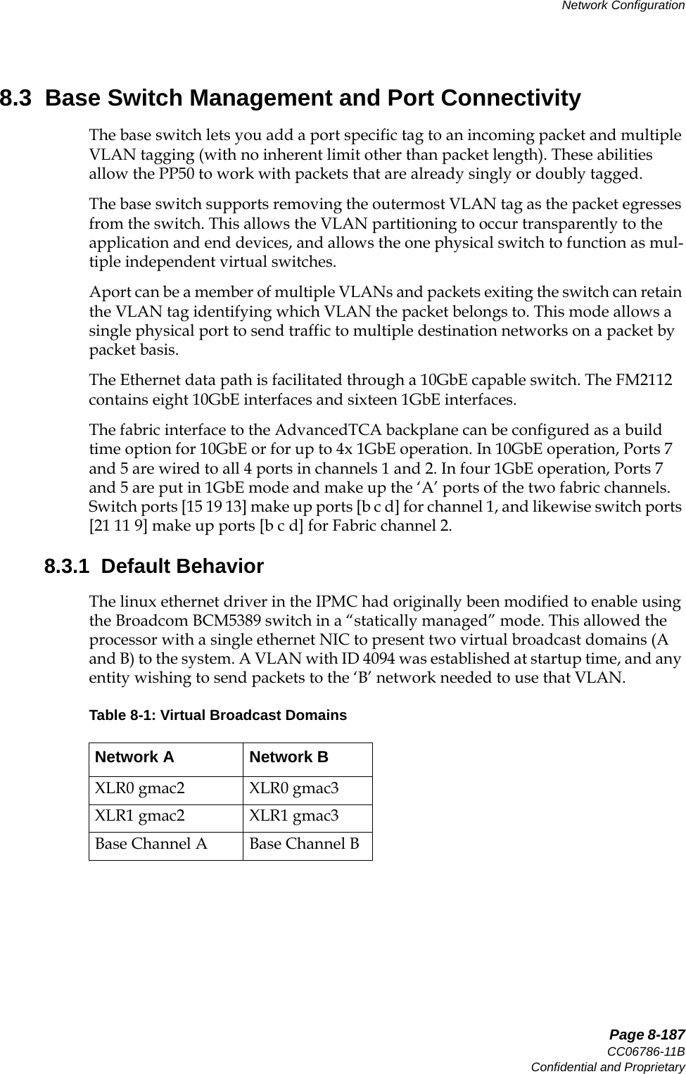   Page 8-187CC06786-11BConfidential and ProprietaryNetwork Configuration14ABABPreliminary8.3  Base Switch Management and Port Connectivity The base switch lets you add a port specific tag to an incoming packet and multiple VLAN tagging (with no inherent limit other than packet length). These abilities allow the PP50 to work with packets that are already singly or doubly tagged.The base switch supports removing the outermost VLAN tag as the packet egresses from the switch. This allows the VLAN partitioning to occur transparently to the application and end devices, and allows the one physical switch to function as mul-tiple independent virtual switches.Aport can be a member of multiple VLANs and packets exiting the switch can retain the VLAN tag identifying which VLAN the packet belongs to. This mode allows a single physical port to send traffic to multiple destination networks on a packet by packet basis.The Ethernet data path is facilitated through a 10GbE capable switch. The FM2112 contains eight 10GbE interfaces and sixteen 1GbE interfaces.The fabric interface to the AdvancedTCA backplane can be configured as a build time option for 10GbE or for up to 4x 1GbE operation. In 10GbE operation, Ports 7 and 5 are wired to all 4 ports in channels 1 and 2. In four 1GbE operation, Ports 7 and 5 are put in 1GbE mode and make up the ‘A’ ports of the two fabric channels. Switch ports [15 19 13] make up ports [b c d] for channel 1, and likewise switch ports [21 11 9] make up ports [b c d] for Fabric channel 2.8.3.1  Default BehaviorThe linux ethernet driver in the IPMC had originally been modified to enable using the Broadcom BCM5389 switch in a “statically managed” mode. This allowed the processor with a single ethernet NIC to present two virtual broadcast domains (A and B) to the system. A VLAN with ID 4094 was established at startup time, and any entity wishing to send packets to the ‘B’ network needed to use that VLAN. Table 8-1: Virtual Broadcast DomainsNetwork A Network BXLR0 gmac2 XLR0 gmac3XLR1 gmac2 XLR1 gmac3Base Channel A Base Channel B