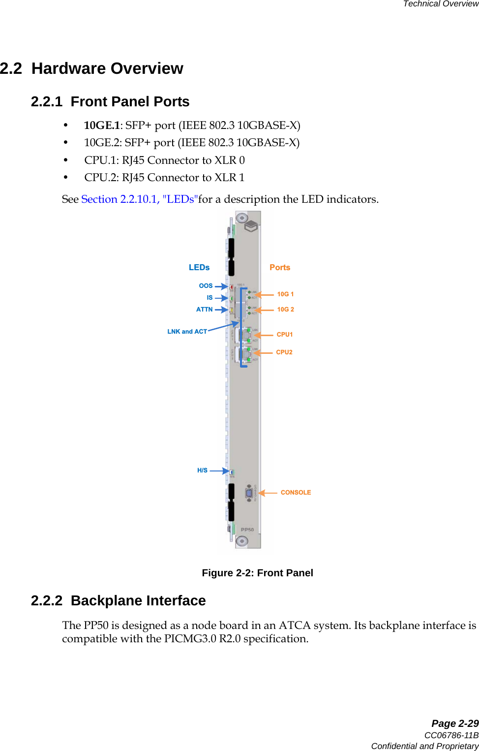   Page 2-29CC06786-11BConfidential and ProprietaryTechnical Overview14ABABPreliminary2.2  Hardware Overview2.2.1  Front Panel Ports•10GE.1: SFP+ port (IEEE 802.3 10GBASE-X)• 10GE.2: SFP+ port (IEEE 802.3 10GBASE-X)• CPU.1: RJ45 Connector to XLR 0• CPU.2: RJ45 Connector to XLR 1See Section2.2.10.1, &quot;LEDs&quot;for a description the LED indicators.Figure 2-2: Front Panel2.2.2  Backplane InterfaceThe PP50 is designed as a node board in an ATCA system. Its backplane interface is compatible with the PICMG3.0 R2.0 specification.OOSISATTNH/SLNK and ACTLEDs Ports10G 110G 2CPU1CPU2CONSOLE