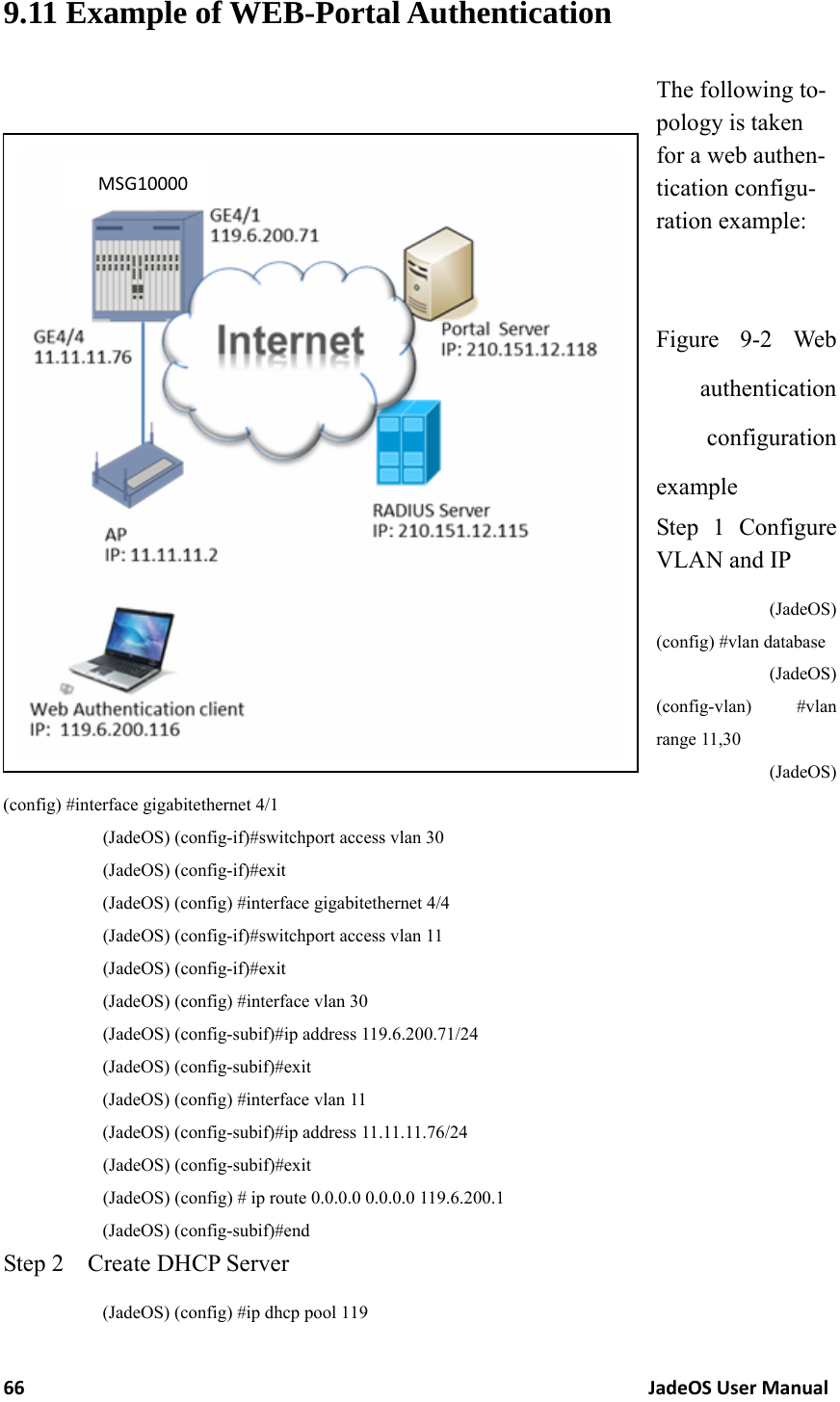 66JadeOSUserManual9.11 Example of WEB-Portal Authentication The following to-pology is taken for a web authen-tication configu-ration example:  Figure 9-2 Web authentication configuration example Step 1 Configure VLAN and IP (JadeOS) (config) #vlan database (JadeOS) (config-vlan) #vlan range 11,30 (JadeOS) (config) #interface gigabitethernet 4/1 (JadeOS) (config-if)#switchport access vlan 30 (JadeOS) (config-if)#exit        (JadeOS) (config) #interface gigabitethernet 4/4 (JadeOS) (config-if)#switchport access vlan 11 (JadeOS) (config-if)#exit (JadeOS) (config) #interface vlan 30 (JadeOS) (config-subif)#ip address 119.6.200.71/24 (JadeOS) (config-subif)#exit (JadeOS) (config) #interface vlan 11 (JadeOS) (config-subif)#ip address 11.11.11.76/24 (JadeOS) (config-subif)#exit (JadeOS) (config) # ip route 0.0.0.0 0.0.0.0 119.6.200.1 (JadeOS) (config-subif)#end Step 2    Create DHCP Server (JadeOS) (config) #ip dhcp pool 119 MSG10000