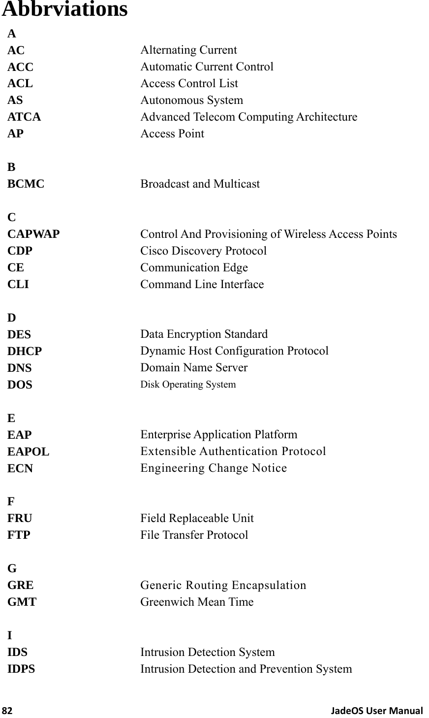 82JadeOSUserManualAbbrviations A   AC  Alternating Current ACC  Automatic Current Control ACL  Access Control List AS  Autonomous System ATCA  Advanced Telecom Computing Architecture AP  Access Point   B  BCMC  Broadcast and Multicast   C   CAPWAP  Control And Provisioning of Wireless Access Points CDP  Cisco Discovery Protocol CE  Communication Edge CLI   Command Line Interface   D   DES  Data Encryption Standard DHCP  Dynamic Host Configuration Protocol DNS  Domain Name Server DOS  Disk Operating System   E   EAP  Enterprise Application Platform EAPOL  Extensible Authentication Protocol ECN  Engineering Change Notice   F   FRU  Field Replaceable Unit FTP  File Transfer Protocol   G   GRE  Generic Routing Encapsulation GMT  Greenwich Mean Time   I   IDS  Intrusion Detection System IDPS  Intrusion Detection and Prevention System 