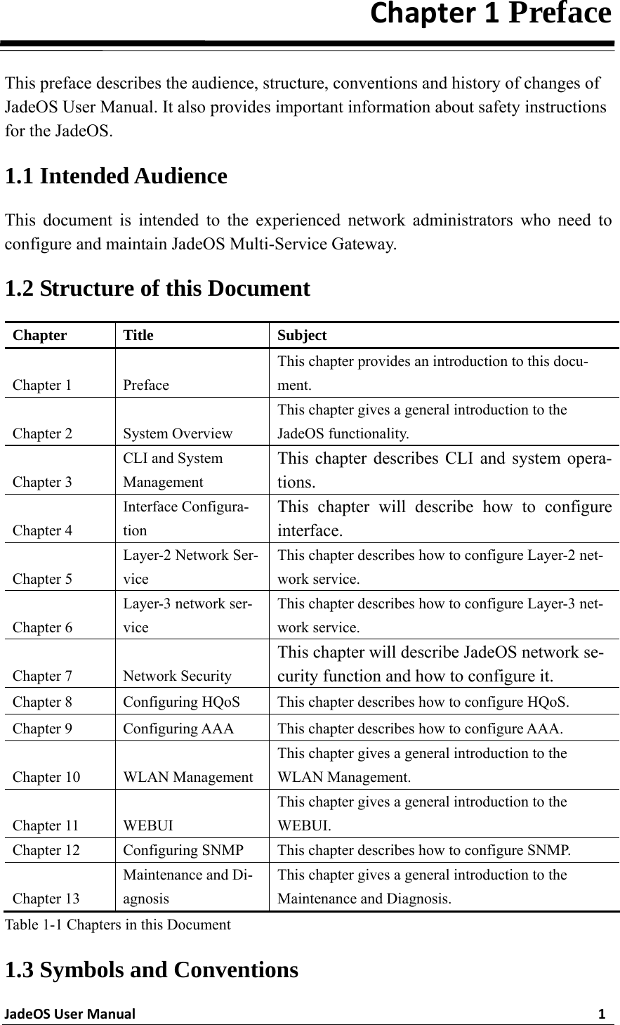 JadeOSUserManual1Chapter1 Preface This preface describes the audience, structure, conventions and history of changes of JadeOS User Manual. It also provides important information about safety instructions for the JadeOS. 1.1 Intended Audience This document is intended to the experienced network administrators who need to configure and maintain JadeOS Multi-Service Gateway. 1.2 Structure of this Document Chapter Title  Subject Chapter 1    Preface This chapter provides an introduction to this docu-ment. Chapter 2  System Overview This chapter gives a general introduction to the JadeOS functionality. Chapter 3   CLI and System Management This chapter describes CLI and system opera-tions. Chapter 4 Interface Configura-tion This chapter will describe how to configure interface. Chapter 5   Layer-2 Network Ser-vice This chapter describes how to configure Layer-2 net-work service. Chapter 6   Layer-3 network ser-vice This chapter describes how to configure Layer-3 net-work service. Chapter 7  Network Security This chapter will describe JadeOS network se-curity function and how to configure it. Chapter 8  Configuring HQoS  This chapter describes how to configure HQoS. Chapter 9    Configuring AAA  This chapter describes how to configure AAA. Chapter 10    WLAN Management This chapter gives a general introduction to the WLAN Management. Chapter 11    WEBUI This chapter gives a general introduction to the WEBUI. Chapter 12    Configuring SNMP  This chapter describes how to configure SNMP. Chapter 13   Maintenance and Di-agnosis This chapter gives a general introduction to the Maintenance and Diagnosis. Table 1-1 Chapters in this Document 1.3 Symbols and Conventions 
