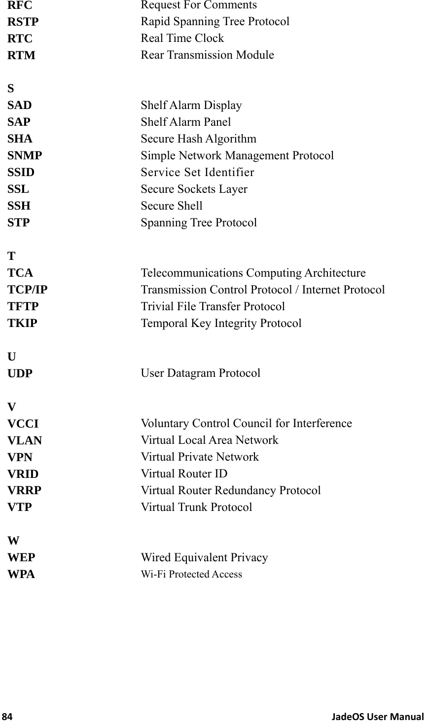 84JadeOSUserManualRFC  Request For Comments RSTP  Rapid Spanning Tree Protocol RTC  Real Time Clock RTM  Rear Transmission Module   S   SAD  Shelf Alarm Display SAP  Shelf Alarm Panel SHA  Secure Hash Algorithm SNMP  Simple Network Management Protocol SSID  Service Set Identifier SSL  Secure Sockets Layer SSH  Secure Shell STP  Spanning Tree Protocol   T   TCA  Telecommunications Computing Architecture TCP/IP  Transmission Control Protocol / Internet Protocol TFTP  Trivial File Transfer Protocol TKIP  Temporal Key Integrity Protocol   U   UDP  User Datagram Protocol   V   VCCI  Voluntary Control Council for Interference VLAN  Virtual Local Area Network VPN  Virtual Private Network VRID  Virtual Router ID VRRP  Virtual Router Redundancy Protocol VTP  Virtual Trunk Protocol   W   WEP  Wired Equivalent Privacy WPA  Wi-Fi Protected Access  