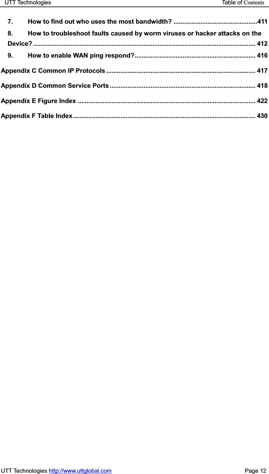 UTT Technologies                                                           Table of ContentsUTT Technologies http://www.uttglobal.com                                              Page 12 7. How to find out who uses the most bandwidth? ............................................... 411 8. How to troubleshoot faults caused by worm viruses or hacker attacks on the Device? ............................................................................................................................. 412 9. How to enable WAN ping respond?.................................................................... 416 Appendix C Common IP Protocols .................................................................................... 417 Appendix D Common Service Ports .................................................................................. 418 Appendix E Figure Index .................................................................................................... 422 Appendix F Table Index ....................................................................................................... 430 