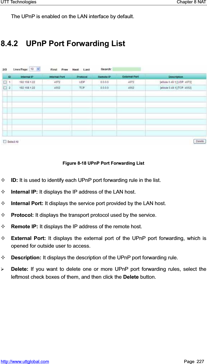 UTT Technologies    Chapter 8 NAT   http://www.uttglobal.com Page 227 The UPnP is enabled on the LAN interface by default.   8.4.2  UPnP Port Forwarding List Figure 8-18 UPnP Port Forwarding ListID: It is used to identify each UPnP port forwarding rule in the list. Internal IP: It displays the IP address of the LAN host. Internal Port: It displays the service port provided by the LAN host. Protocol: It displays the transport protocol used by the service. Remote IP: It displays the IP address of the remote host.   External Port: It displays the external port of the UPnP port forwarding, which is opened for outside user to access. Description: It displays the description of the UPnP port forwarding rule.   ¾Delete:  If you want to delete one or more UPnP port forwarding rules, select the leftmost check boxes of them, and then click the Delete button.