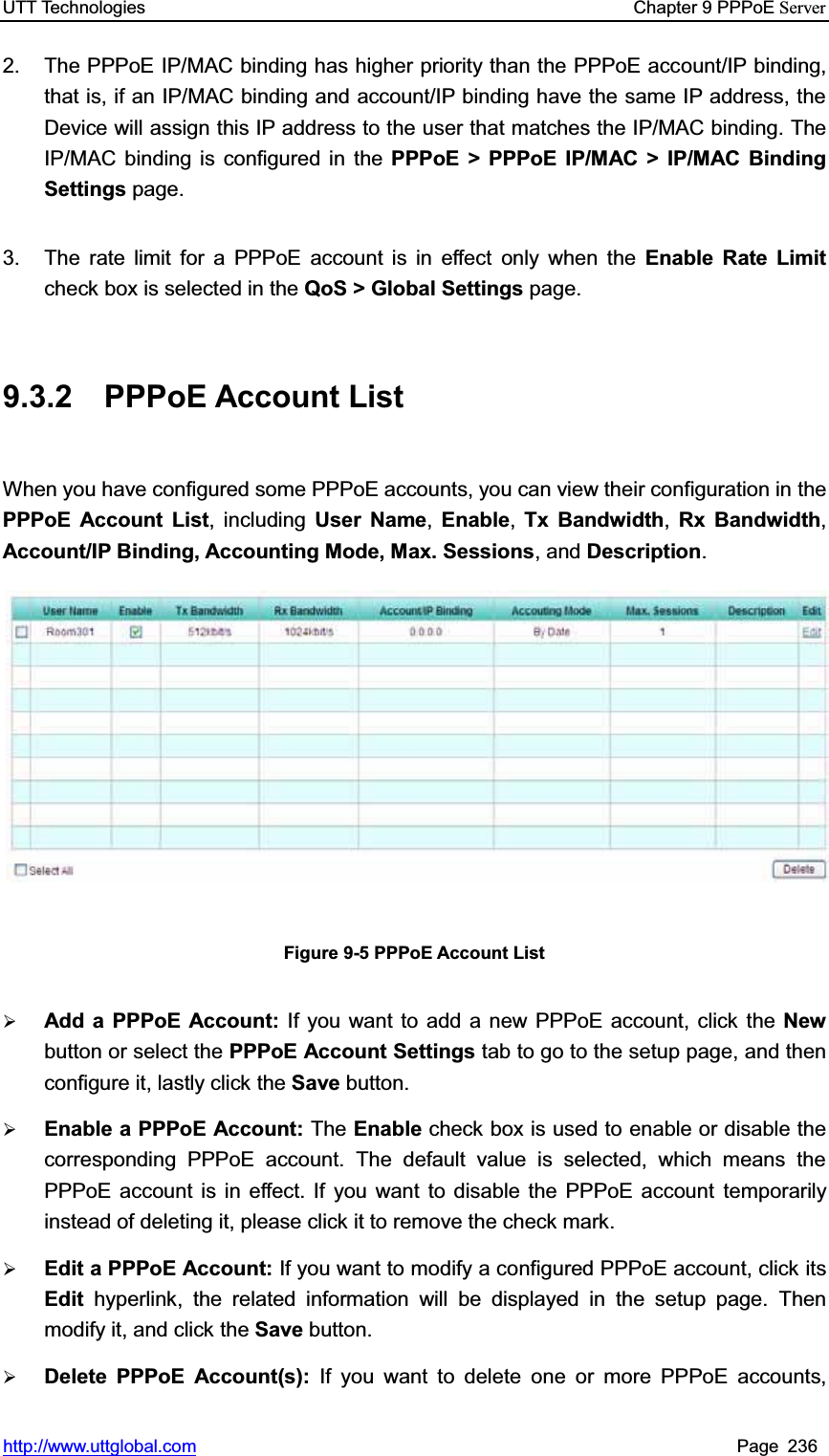 UTT Technologies    Chapter 9 PPPoE Serverhttp://www.uttglobal.com Page 236 2.  The PPPoE IP/MAC binding has higher priority than the PPPoE account/IP binding, that is, if an IP/MAC binding and account/IP binding have the same IP address, the Device will assign this IP address to the user that matches the IP/MAC binding. The IP/MAC binding is configured in the PPPoE &gt; PPPoE IP/MAC &gt; IP/MAC Binding Settings page. 3.  The rate limit for a PPPoE account is in effect only when the Enable Rate Limit check box is selected in the QoS &gt; Global Settings page. 9.3.2 PPPoE Account List When you have configured some PPPoE accounts, you can view their configuration in thePPPoE Account List, including User Name,Enable,Tx Bandwidth,Rx Bandwidth,Account/IP Binding, Accounting Mode, Max. Sessions, and Description.Figure 9-5 PPPoE Account List ¾Add a PPPoE Account: If you want to add a new PPPoE account, click the New button or select the PPPoE Account Settings tab to go to the setup page, and then configure it, lastly click the Save button. ¾Enable a PPPoE Account: The Enable check box is used to enable or disable the corresponding PPPoE account. The default value is selected, which means the PPPoE account is in effect. If you want to disable the PPPoE account temporarily instead of deleting it, please click it to remove the check mark.   ¾Edit a PPPoE Account: If you want to modify a configured PPPoE account, click itsEdit hyperlink, the related information will be displayed in the setup page. Then modify it, and click the Save button.  ¾Delete PPPoE Account(s): If you want to delete one or more PPPoE accounts, 