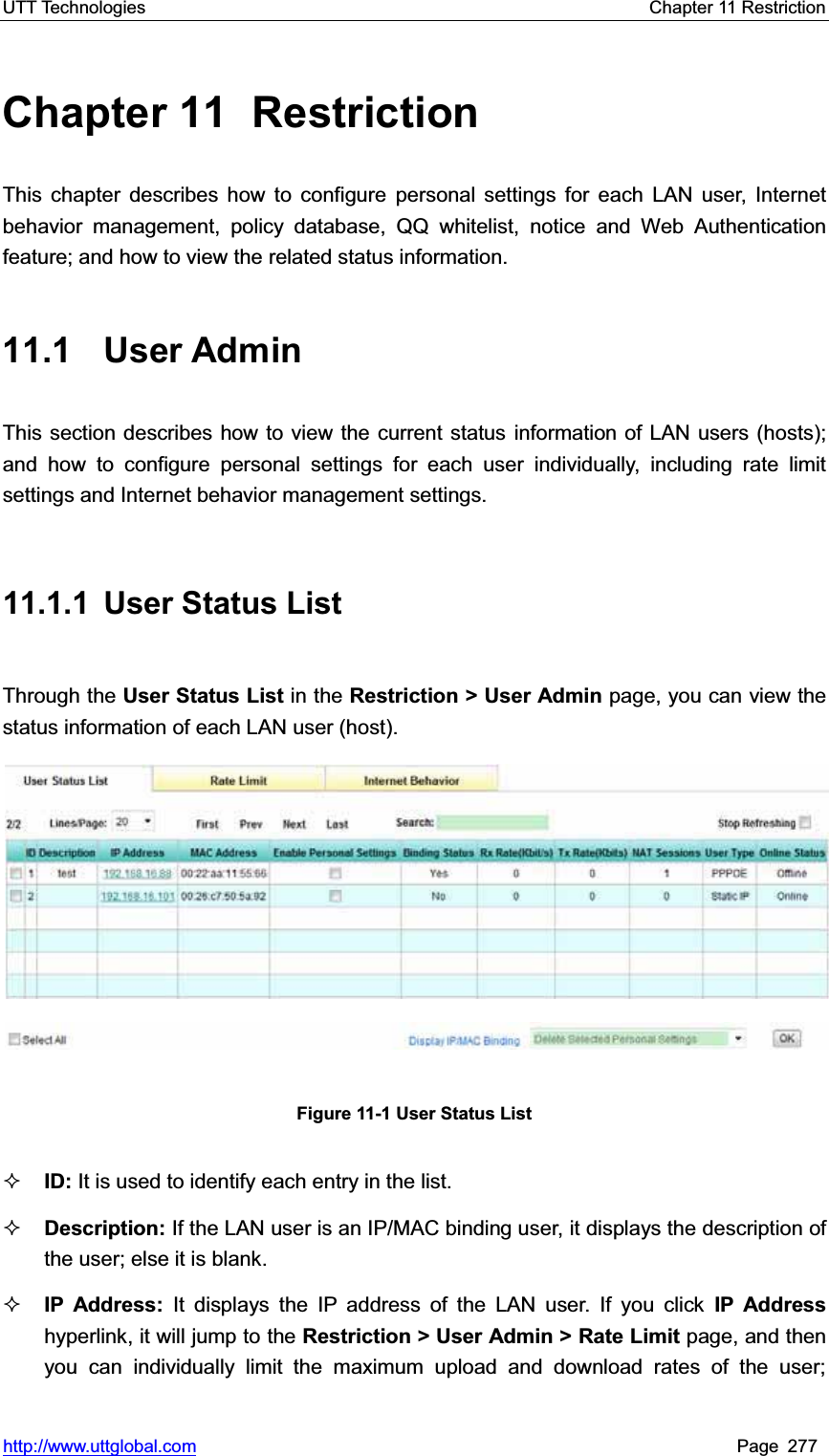 UTT Technologies    Chapter 11 Restriction   http://www.uttglobal.com Page 277 Chapter 11  Restriction This chapter describes how to configure personal settings for each LAN user, Internet behavior management, policy database, QQ whitelist, notice and Web Authentication feature; and how to view the related status information. 11.1 User Admin This section describes how to view the current status information of LAN users (hosts); and how to configure personal settings for each user individually, including rate limit settings and Internet behavior management settings.   11.1.1 User Status List Through the User Status List in the Restriction &gt; User Admin page, you can view the status information of each LAN user (host). Figure 11-1 User Status List ID: It is used to identify each entry in the list.Description: If the LAN user is an IP/MAC binding user, it displays the description of the user; else it is blank.IP Address: It displays the IP address of the LAN user. If you click IP Address hyperlink, it will jump to the Restriction &gt; User Admin &gt; Rate Limit page, and then you can individually limit the maximum upload and download rates of the user; 