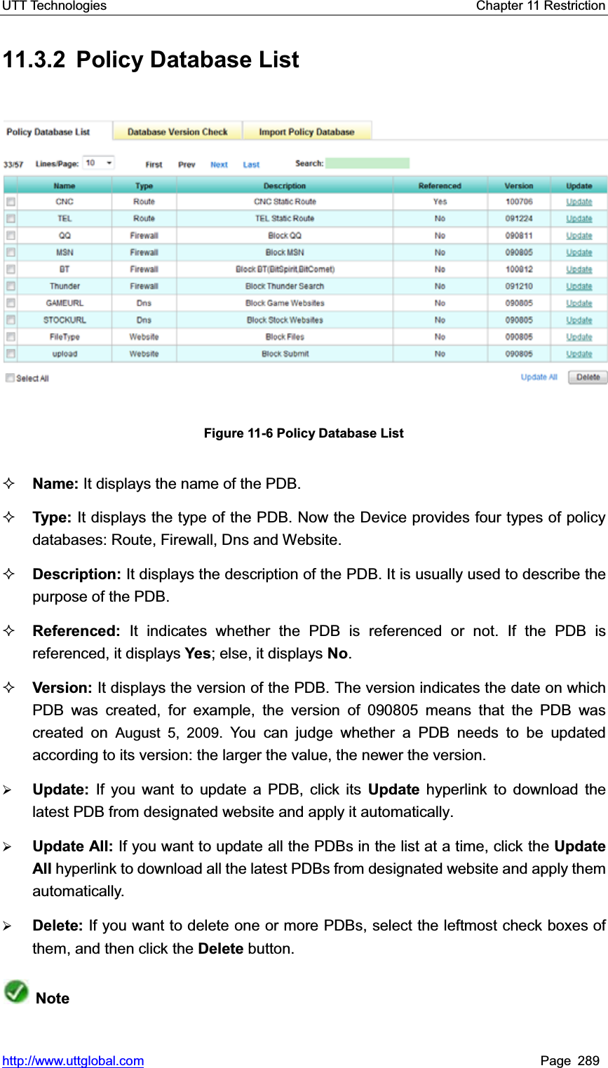 UTT Technologies    Chapter 11 Restriction   http://www.uttglobal.com Page 289 11.3.2 Policy Database List Figure 11-6 Policy Database List Name: It displays the name of the PDB. Type:  It displays the type of the PDB. Now the Device provides four types of policy databases: Route, Firewall, Dns and Website. Description: It displays the description of the PDB. It is usually used to describe the purpose of the PDB. Referenced:  It indicates whether the PDB is referenced or not. If the PDB is referenced, it displays Yes; else, it displays No.Version: It displays the version of the PDB. The version indicates the date on which PDB was created, for example, the version of 090805 means that the PDB was created on August 5, 2009. You can judge whether a PDB needs to be updated according to its version: the larger the value, the newer the version. ¾Update: If you want to update a PDB, click its Update hyperlink to download the latest PDB from designated website and apply it automatically. ¾Update All: If you want to update all the PDBs in the list at a time, click the Update All hyperlink to download all the latest PDBs from designated website and apply them automatically.¾Delete: If you want to delete one or more PDBs, select the leftmost check boxes of them, and then click the Delete button.Note