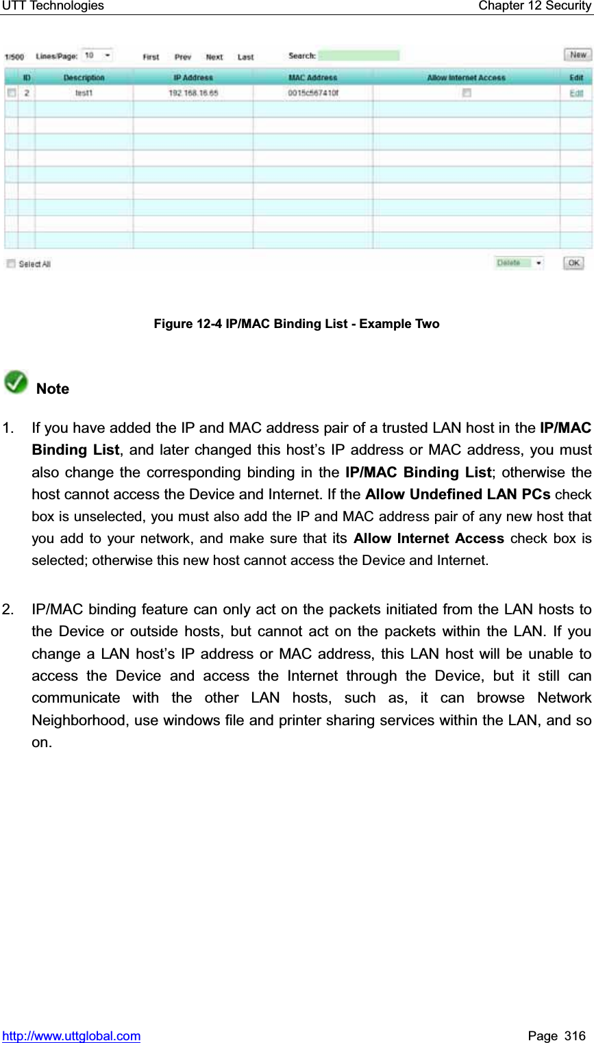 UTT Technologies    Chapter 12 Security   http://www.uttglobal.com Page 316 Figure 12-4 IP/MAC Binding List - Example Two Note1.  If you have added the IP and MAC address pair of a trusted LAN host in the IP/MAC Binding List, and later changed this host¶s IP address or MAC address, you must also change the corresponding binding in the IP/MAC Binding List; otherwise the host cannot access the Device and Internet. If the Allow Undefined LAN PCs check box is unselected, you must also add the IP and MAC address pair of any new host that you add to your network, and make sure that its  Allow Internet Access check box is selected; otherwise this new host cannot access the Device and Internet. 2.  IP/MAC binding feature can only act on the packets initiated from the LAN hosts to the Device or outside hosts, but cannot act on the packets within the LAN. If you change a LAN host¶s IP address or MAC address, this LAN host will be unable to access the Device and access the Internet through the Device, but it still cancommunicate with the other LAN hosts, such as, it can browse Network Neighborhood, use windows file and printer sharing services within the LAN, and so on.  