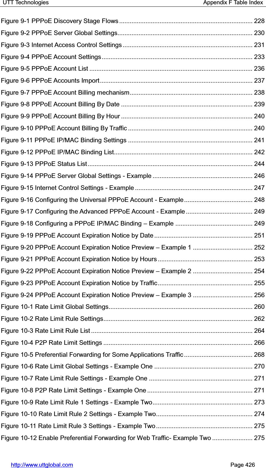 UTT Technologies                                                      Appendix F Table Index http://www.uttglobal.com                                                       Page 426 Figure 9-1 PPPoE Discovery Stage Flows ............................................................................ 228Figure 9-2 PPPoE Server Global Settings............................................................................. 230Figure 9-3 Internet Access Control Settings .......................................................................... 231Figure 9-4 PPPoE Account Settings ...................................................................................... 233Figure 9-5 PPPoE Account List ............................................................................................. 236Figure 9-6 PPPoE Accounts Import ....................................................................................... 237Figure 9-7 PPPoE Account Billing mechanism ...................................................................... 238Figure 9-8 PPPoE Account Billing By Date ........................................................................... 239Figure 9-9 PPPoE Account Billing By Hour ........................................................................... 240Figure 9-10 PPPoE Account Billing By Traffic ....................................................................... 240Figure 9-11 PPPoE IP/MAC Binding Settings ....................................................................... 241Figure 9-12 PPPoE IP/MAC Binding List............................................................................... 242Figure 9-13 PPPoE Status List .............................................................................................. 244Figure 9-14 PPPoE Server Global Settings - Example ......................................................... 246Figure 9-15 Internet Control Settings - Example ................................................................... 247Figure 9-16 Configuring the Universal PPPoE Account - Example ....................................... 248Figure 9-17 Configuring the Advanced PPPoE Account - Example ...................................... 249Figure 9-18 Configuring a PPPoE IP/MAC Binding ± Example ............................................ 249Figure 9-19 PPPoE Account Expiration Notice by Date ........................................................ 251Figure 9-20 PPPoE Account Expiration Notice Preview ± Example 1 .................................. 252Figure 9-21 PPPoE Account Expiration Notice by Hours ...................................................... 253Figure 9-22 PPPoE Account Expiration Notice Preview ± Example 2 .................................. 254Figure 9-23 PPPoE Account Expiration Notice by Traffic ...................................................... 255Figure 9-24 PPPoE Account Expiration Notice Preview ± Example 3 .................................. 256Figure 10-1 Rate Limit Global Settings .................................................................................. 260Figure 10-2 Rate Limit Rule Settings ..................................................................................... 262Figure 10-3 Rate Limit Rule List ............................................................................................ 264Figure 10-4 P2P Rate Limit Settings ..................................................................................... 266Figure 10-5 Preferential Forwarding for Some Applications Traffic ....................................... 268Figure 10-6 Rate Limit Global Settings - Example One ........................................................ 270Figure 10-7 Rate Limit Rule Settings - Example One ........................................................... 271Figure 10-8 P2P Rate Limit Settings - Example One ............................................................ 271Figure 10-9 Rate Limit Rule 1 Settings - Example Two ......................................................... 273Figure 10-10 Rate Limit Rule 2 Settings - Example Two ....................................................... 274Figure 10-11 Rate Limit Rule 3 Settings - Example Two ....................................................... 275Figure 10-12 Enable Preferential Forwarding for Web Traffic- Example Two ....................... 275