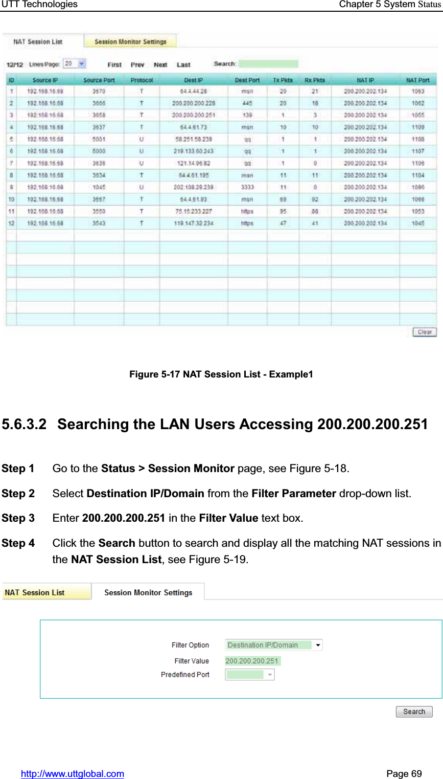UTT Technologies    Chapter 5 System Statushttp://www.uttglobal.com                                                       Page 69 Figure 5-17 NAT Session List - Example1 5.6.3.2 Searching the LAN Users Accessing 200.200.200.251 Step 1  Go to the Status &gt; Session Monitor page, see Figure 5-18. Step 2  Select Destination IP/Domain from the Filter Parameter drop-down list. Step 3  Enter 200.200.200.251 in the Filter Value text box. Step 4  Click the Search button to search and display all the matching NAT sessions in the NAT Session List, see Figure 5-19. 