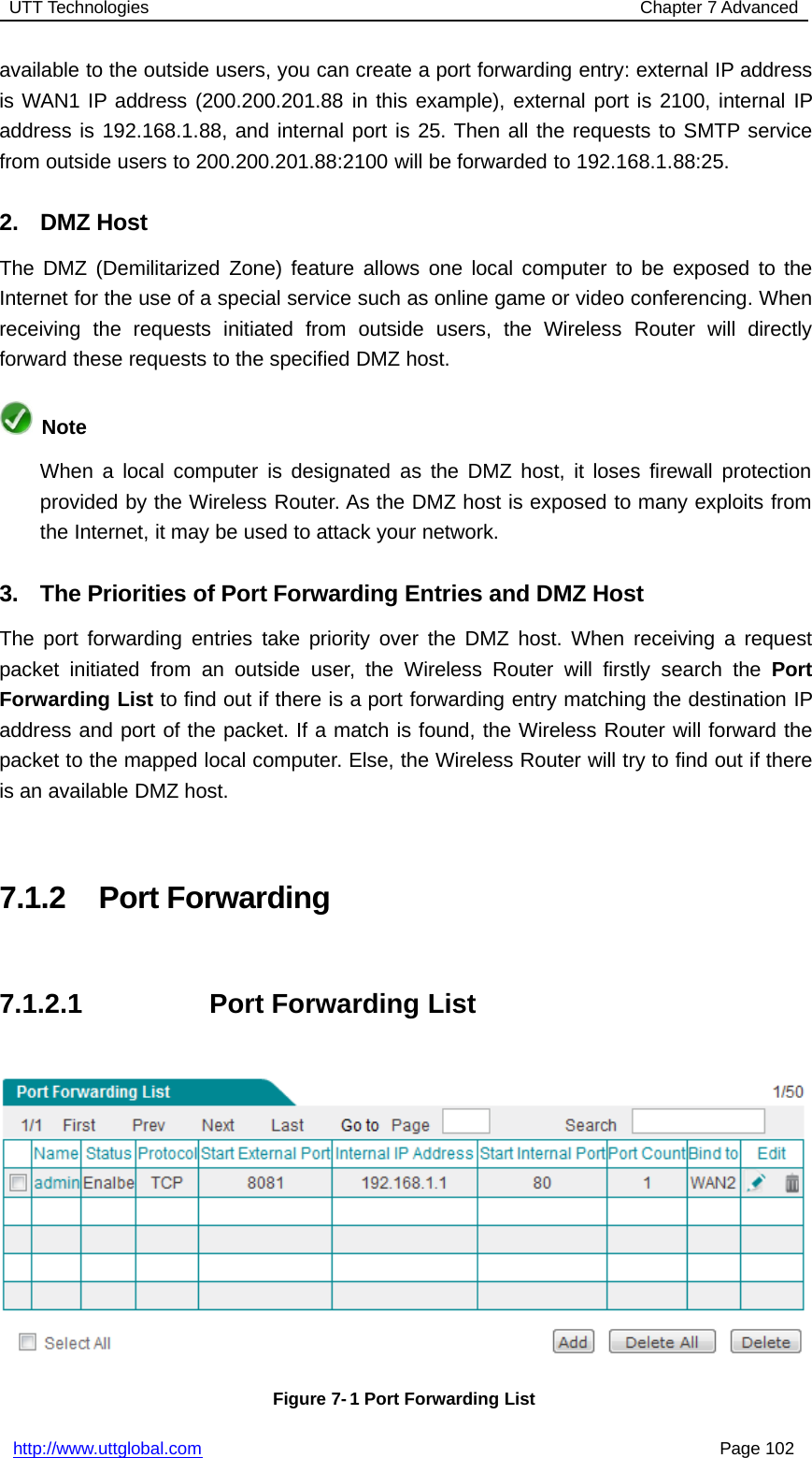 UTT Technologies Chapter 7 Advancedhttp://www.uttglobal.com Page 102available to the outside users, you can create a port forwarding entry: external IP addressis WAN1 IP address (200.200.201.88 in this example), external port is 2100, internal IPaddress is 192.168.1.88, and internal port is 25. Then all the requests to SMTP servicefrom outside users to 200.200.201.88:2100 will be forwarded to 192.168.1.88:25.2. DMZ HostThe DMZ (Demilitarized Zone) feature allows one local computer to be exposed to theInternet for the use of a special service such as online game or video conferencing. Whenreceiving the requests initiated from outside users, the Wireless Router will directlyforward these requests to the specified DMZ host.NoteWhen a local computer is designated as the DMZ host, it loses firewall protectionprovided by the Wireless Router. As the DMZ host is exposed to many exploits fromthe Internet, it may be used to attack your network.3. The Priorities of Port Forwarding Entries and DMZ HostThe port forwarding entries take priority over the DMZ host. When receiving a requestpacket initiated from an outside user, the Wireless Router will firstly search the PortForwarding List to find out if there is a port forwarding entry matching the destination IPaddress and port of the packet. If a match is found, the Wireless Router will forward thepacket to the mapped local computer. Else, the Wireless Router will try to find out if thereis an available DMZ host.7.1.2 Port Forwarding7.1.2.1 Port Forwarding ListFigure 7- 1 Port Forwarding List