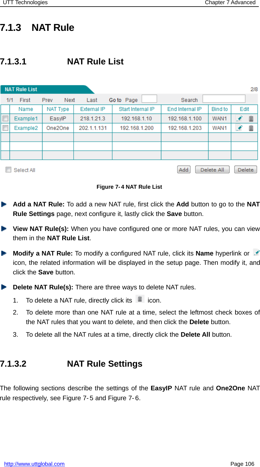 UTT Technologies Chapter 7 Advancedhttp://www.uttglobal.com Page 1067.1.3 NAT Rule7.1.3.1 NAT Rule ListFigure 7-4 NAT Rule ListAdd a NAT Rule: To add a new NAT rule, first click the Add button to go to the NATRule Settings page, next configure it, lastly click the Save button.View NAT Rule(s): When you have configured one or more NAT rules, you can viewthem in the NAT Rule List.Modify a NAT Rule: To modify a configured NAT rule, click its Name hyperlink oricon, the related information will be displayed in the setup page. Then modify it, andclick the Save button.Delete NAT Rule(s): There are three ways to delete NAT rules.1. To delete a NAT rule, directly click its icon.2. To delete more than one NAT rule at a time, select the leftmost check boxes ofthe NAT rules that you want to delete, and then click the Delete button.3. To delete all the NAT rules at a time, directly click the Delete All button.7.1.3.2 NAT Rule SettingsThe following sections describe the settings of the EasyIP NAT rule and One2One NATrule respectively, see Figure 7- 5 and Figure 7- 6.