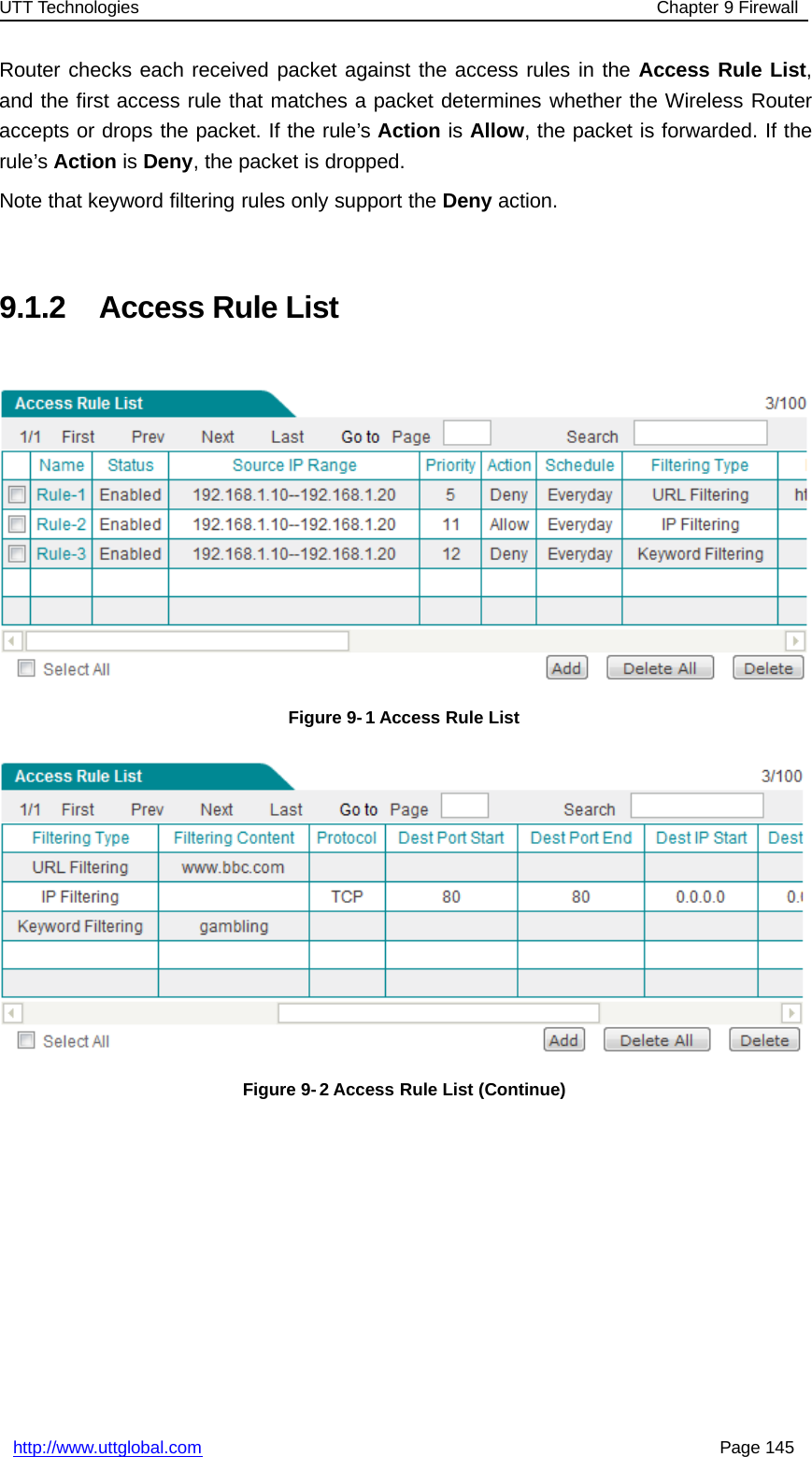 UTT Technologies Chapter 9 Firewallhttp://www.uttglobal.com Page 145Router checks each received packet against the access rules in the Access Rule List,and the first access rule that matches a packet determines whether the Wireless Routeraccepts or drops the packet. If the rule’s Action is Allow, the packet is forwarded. If therule’s Action is Deny, the packet is dropped.Note that keyword filtering rules only support the Deny action.9.1.2 Access Rule ListFigure 9- 1 Access Rule ListFigure 9- 2 Access Rule List (Continue)