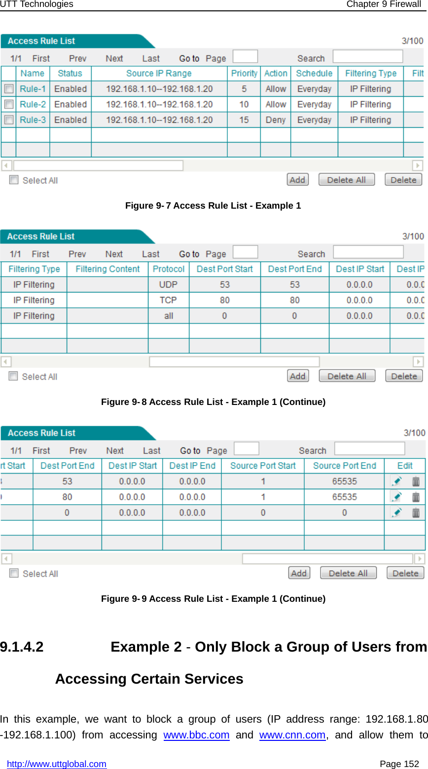 UTT Technologies Chapter 9 Firewallhttp://www.uttglobal.com Page 152Figure 9- 7 Access Rule List - Example 1Figure 9- 8 Access Rule List - Example 1 (Continue)Figure 9- 9 Access Rule List - Example 1 (Continue)9.1.4.2 Example 2 -Only Block a Group of Users fromAccessing Certain ServicesIn this example, we want to block a group of users (IP address range: 192.168.1.80-192.168.1.100) from accessing www.bbc.com and www.cnn.com, and allow them to