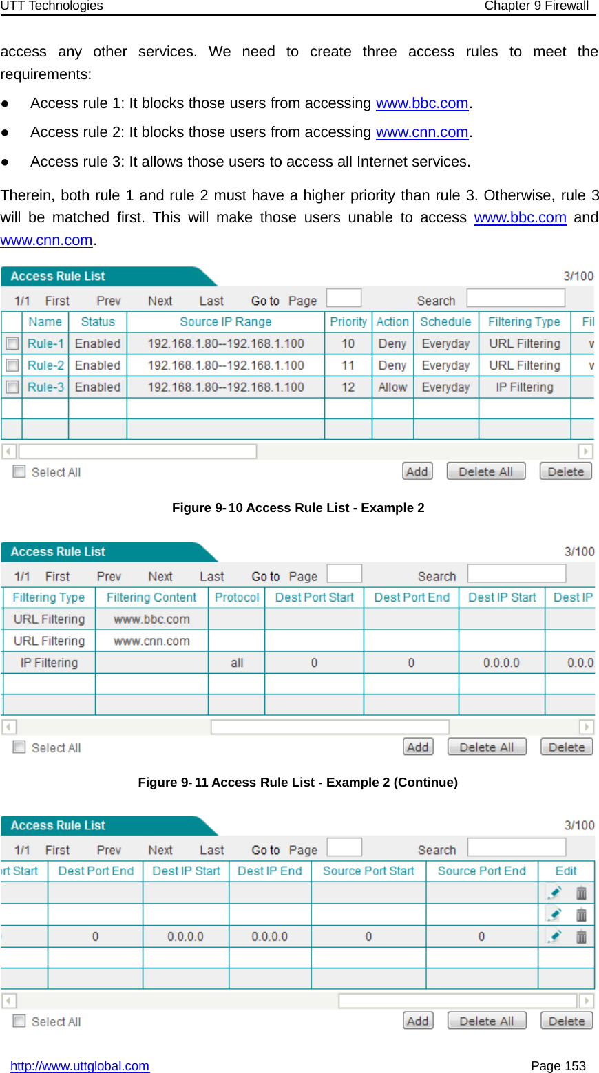 UTT Technologies Chapter 9 Firewallhttp://www.uttglobal.com Page 153access any other services. We need to create three access rules to meet therequirements:●Access rule 1: It blocks those users from accessing www.bbc.com.●Access rule 2: It blocks those users from accessing www.cnn.com.●Access rule 3: It allows those users to access all Internet services.Therein, both rule 1 and rule 2 must have a higher priority than rule 3. Otherwise, rule 3will be matched first. This will make those users unable to access www.bbc.com andwww.cnn.com.Figure 9-10 Access Rule List - Example 2Figure 9- 11 Access Rule List - Example 2 (Continue)