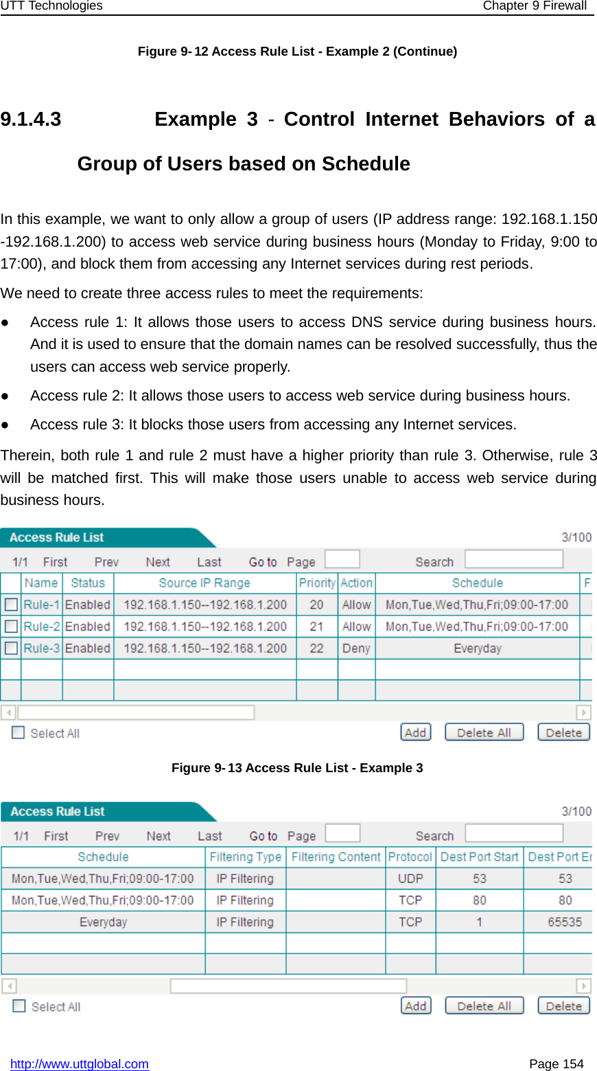 UTT Technologies Chapter 9 Firewallhttp://www.uttglobal.com Page 154Figure 9-12 Access Rule List - Example 2 (Continue)9.1.4.3 Example 3 -Control Internet Behaviors of aGroup of Users based on ScheduleIn this example, we want to only allow a group of users (IP address range: 192.168.1.150-192.168.1.200) to access web service during business hours (Monday to Friday, 9:00 to17:00), and block them from accessing any Internet services during rest periods.We need to create three access rules to meet the requirements:●Access rule 1: It allows those users to access DNS service during business hours.And it is used to ensure that the domain names can be resolved successfully, thus theusers can access web service properly.●Access rule 2: It allows those users to access web service during business hours.●Access rule 3: It blocks those users from accessing any Internet services.Therein, both rule 1 and rule 2 must have a higher priority than rule 3. Otherwise, rule 3will be matched first. This will make those users unable to access web service duringbusiness hours.Figure 9-13 Access Rule List - Example 3