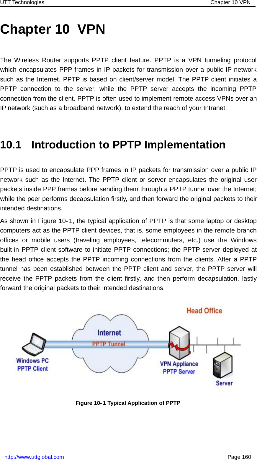 UTT Technologies Chapter 10 VPNhttp://www.uttglobal.com Page 160Chapter 10 VPNThe Wireless Router supports PPTP client feature. PPTP is a VPN tunneling protocolwhich encapsulates PPP frames in IP packets for transmission over a public IP networksuch as the Internet. PPTP is based on client/server model. The PPTP client initiates aPPTP connection to the server, while the PPTP server accepts the incoming PPTPconnection from the client. PPTP is often used to implement remote access VPNs over anIP network (such as a broadband network), to extend the reach of your Intranet.10.1 Introduction to PPTP ImplementationPPTP is used to encapsulate PPP frames in IP packets for transmission over a public IPnetwork such as the Internet. The PPTP client or server encapsulates the original userpackets inside PPP frames before sending them through a PPTP tunnel over the Internet;while the peer performs decapsulation firstly, and then forward the original packets to theirintended destinations.As shown in Figure 10- 1, the typical application of PPTP is that some laptop or desktopcomputers act as the PPTP client devices, that is, some employees in the remote branchoffices or mobile users (traveling employees, telecommuters, etc.) use the Windowsbuilt-in PPTP client software to initiate PPTP connections; the PPTP server deployed atthe head office accepts the PPTP incoming connections from the clients. After a PPTPtunnel has been established between the PPTP client and server, the PPTP server willreceive the PPTP packets from the client firstly, and then perform decapsulation, lastlyforward the original packets to their intended destinations.Figure 10- 1 Typical Application of PPTP