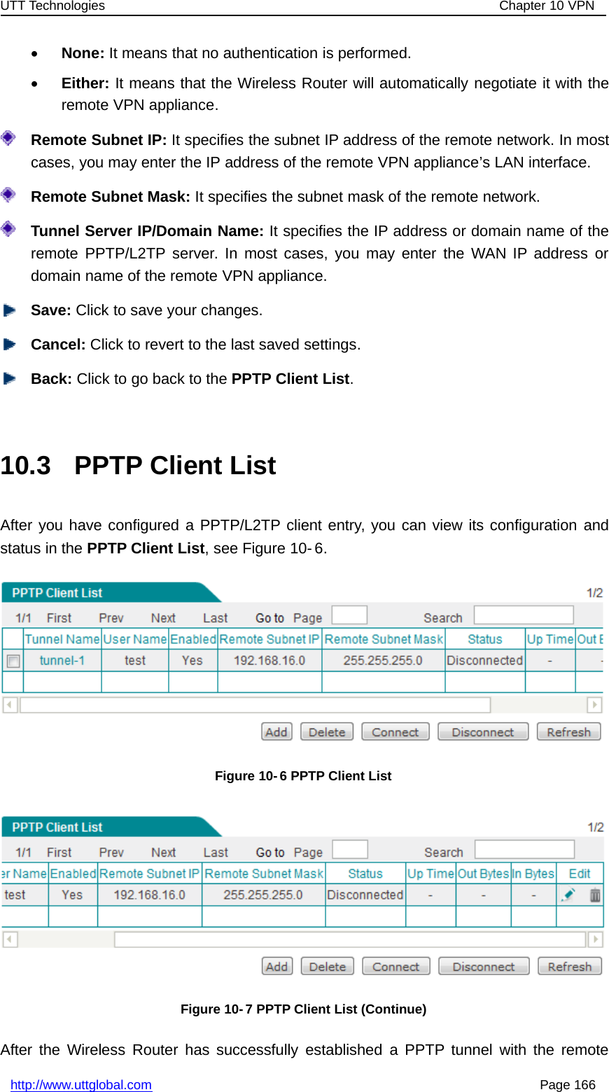 UTT Technologies Chapter 10 VPNhttp://www.uttglobal.com Page 166•None: It means that no authentication is performed.•Either: It means that the Wireless Router will automatically negotiate it with theremote VPN appliance.Remote Subnet IP: It specifies the subnet IP address of the remote network. In mostcases, you may enter the IP address of the remote VPN appliance’s LAN interface.Remote Subnet Mask: It specifies the subnet mask of the remote network.Tunnel Server IP/Domain Name: It specifies the IP address or domain name of theremote PPTP/L2TP server. In most cases, you may enter the WAN IP address ordomain name of the remote VPN appliance.Save: Click to save your changes.Cancel: Click to revert to the last saved settings.Back: ClicktogobacktothePPTP Client List.10.3 PPTP Client ListAfter you have configured a PPTP/L2TP client entry, you can view its configuration andstatus in the PPTP Client List, see Figure 10- 6.Figure 10- 6 PPTP Client ListFigure 10- 7 PPTP Client List (Continue)After the Wireless Router has successfully established a PPTP tunnel with the remote