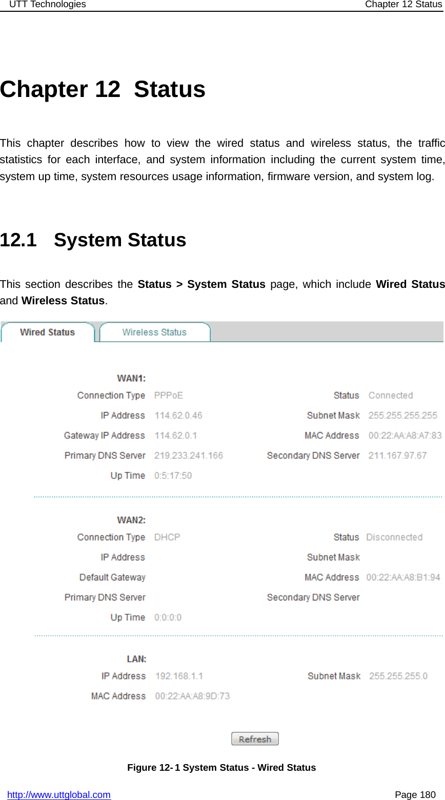 UTT Technologies Chapter 12 Statushttp://www.uttglobal.com Page 180Chapter 12 StatusThis chapter describes how to view the wired status and wireless status, the trafficstatistics for each interface, and system information including the current system time,system up time, system resources usage information, firmware version, and system log.12.1 System StatusThis section describes the Status &gt; System Status page, which include Wired Statusand Wireless Status.Figure 12- 1 System Status - Wired Status