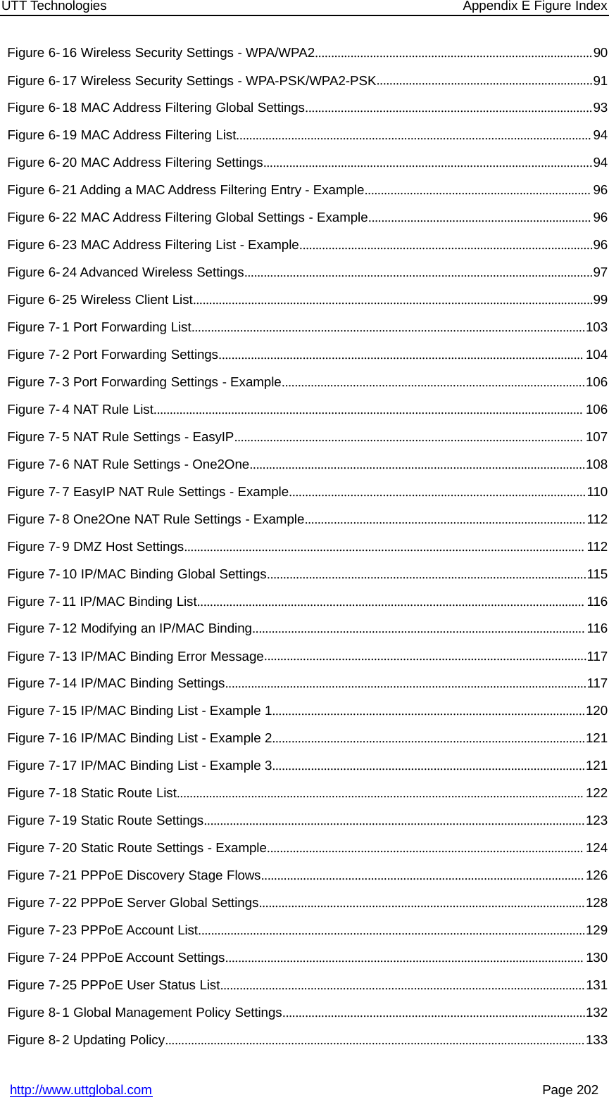 UTT Technologies Appendix E Figure Indexhttp://www.uttglobal.com Page 202Figure 6-16 Wireless Security Settings - WPA/WPA2......................................................................................90Figure 6-17 Wireless Security Settings - WPA-PSK/WPA2-PSK...................................................................91Figure 6-18 MAC Address Filtering Global Settings.........................................................................................93Figure 6-19 MAC Address Filtering List..............................................................................................................94Figure 6-20 MAC Address Filtering Settings......................................................................................................94Figure 6-21 Adding a MAC Address Filtering Entry - Example...................................................................... 96Figure 6- 22 MAC Address Filtering Global Settings - Example..................................................................... 96Figure 6-23 MAC Address Filtering List - Example...........................................................................................96Figure 6- 24 Advanced Wireless Settings............................................................................................................97Figure 6-25 Wireless Client List............................................................................................................................99Figure 7- 1 Port Forwarding List..........................................................................................................................103Figure 7- 2 Port Forwarding Settings................................................................................................................. 104Figure 7- 3 Port Forwarding Settings - Example..............................................................................................106Figure 7- 4 NAT Rule List..................................................................................................................................... 106Figure 7- 5 NAT Rule Settings - EasyIP............................................................................................................ 107Figure 7- 6 NAT Rule Settings - One2One........................................................................................................108Figure 7- 7 EasyIP NAT Rule Settings - Example............................................................................................110Figure 7- 8 One2One NAT Rule Settings - Example.......................................................................................112Figure 7- 9 DMZ Host Settings............................................................................................................................ 112Figure 7-10 IP/MAC Binding Global Settings...................................................................................................115Figure 7- 11 IP/MAC Binding List........................................................................................................................ 116Figure 7-12 Modifying an IP/MAC Binding.......................................................................................................116Figure 7-13 IP/MAC Binding Error Message....................................................................................................117Figure 7-14 IP/MAC Binding Settings................................................................................................................117Figure 7-15 IP/MAC Binding List - Example 1.................................................................................................120Figure 7-16 IP/MAC Binding List - Example 2.................................................................................................121Figure 7-17 IP/MAC Binding List - Example 3.................................................................................................121Figure 7-18 Static Route List.............................................................................................................................. 122Figure 7-19 Static Route Settings......................................................................................................................123Figure 7-20 Static Route Settings - Example.................................................................................................. 124Figure 7-21 PPPoE Discovery Stage Flows....................................................................................................126Figure 7-22 PPPoE Server Global Settings.....................................................................................................128Figure 7-23 PPPoE Account List........................................................................................................................129Figure 7-24 PPPoE Account Settings............................................................................................................... 130Figure 7-25 PPPoE User Status List.................................................................................................................131Figure 8- 1 Global Management Policy Settings..............................................................................................132Figure 8- 2 Updating Policy..................................................................................................................................133